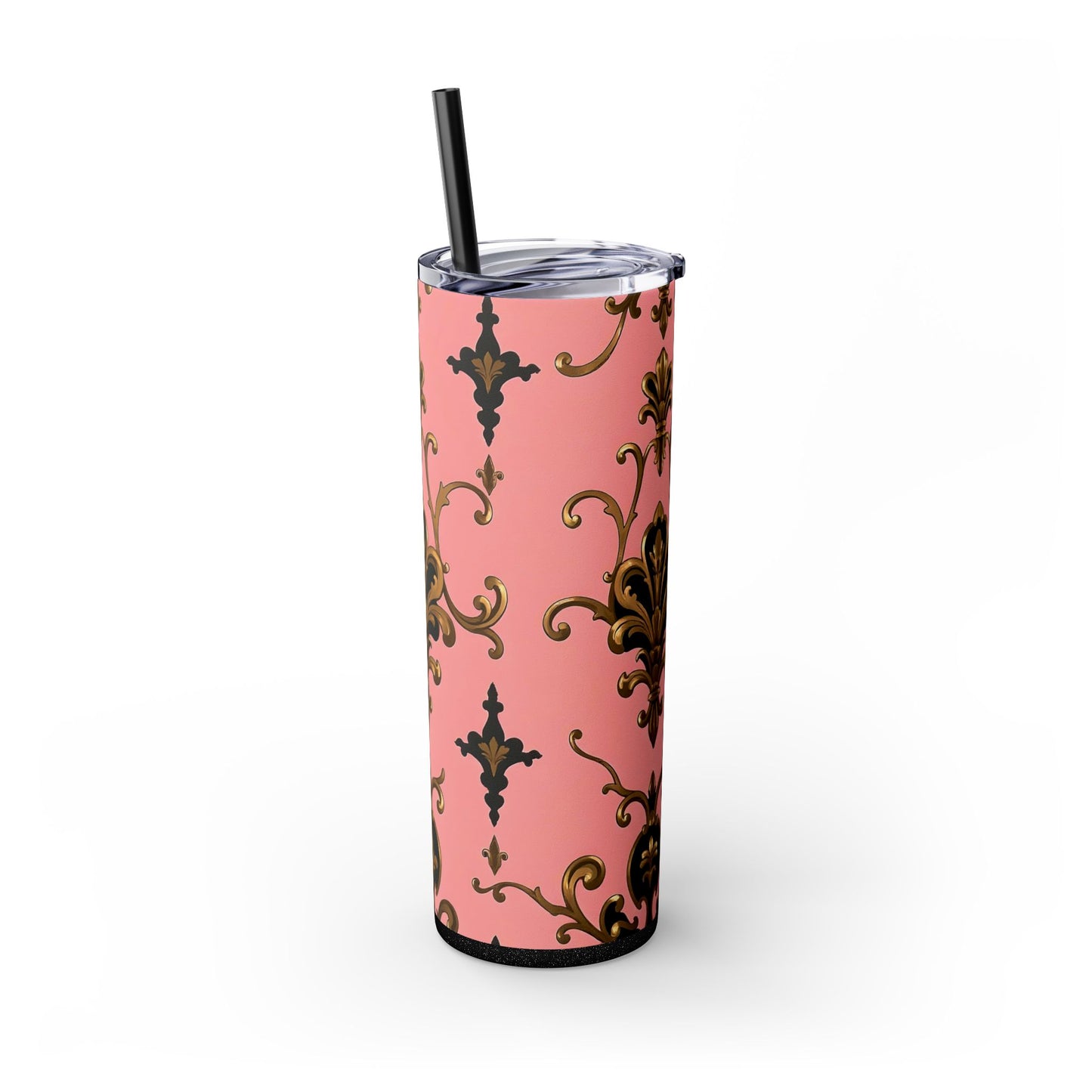 Elegant Pink Damask Skinny Tumbler, 20oz Drinkware, Stylish Reusable Cup, Travel Mug, Gift for Her, Home Decor - Pink, Black & Gold Rococo