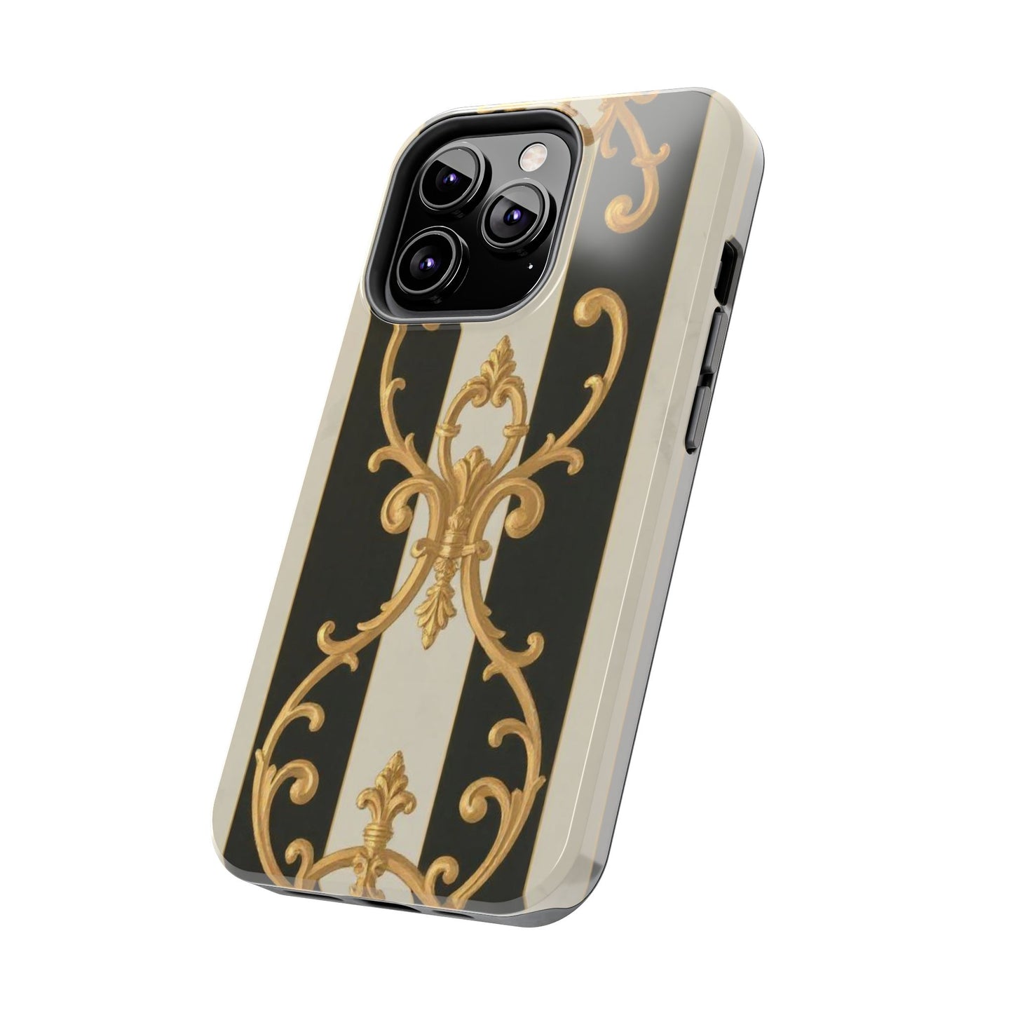 Elegant Black & Alabaster Striped Baroque Tough Phone Cases - Chic Protection, Black Gold Decor, Stylish Accessory, Gift for Her, Trendy Tech