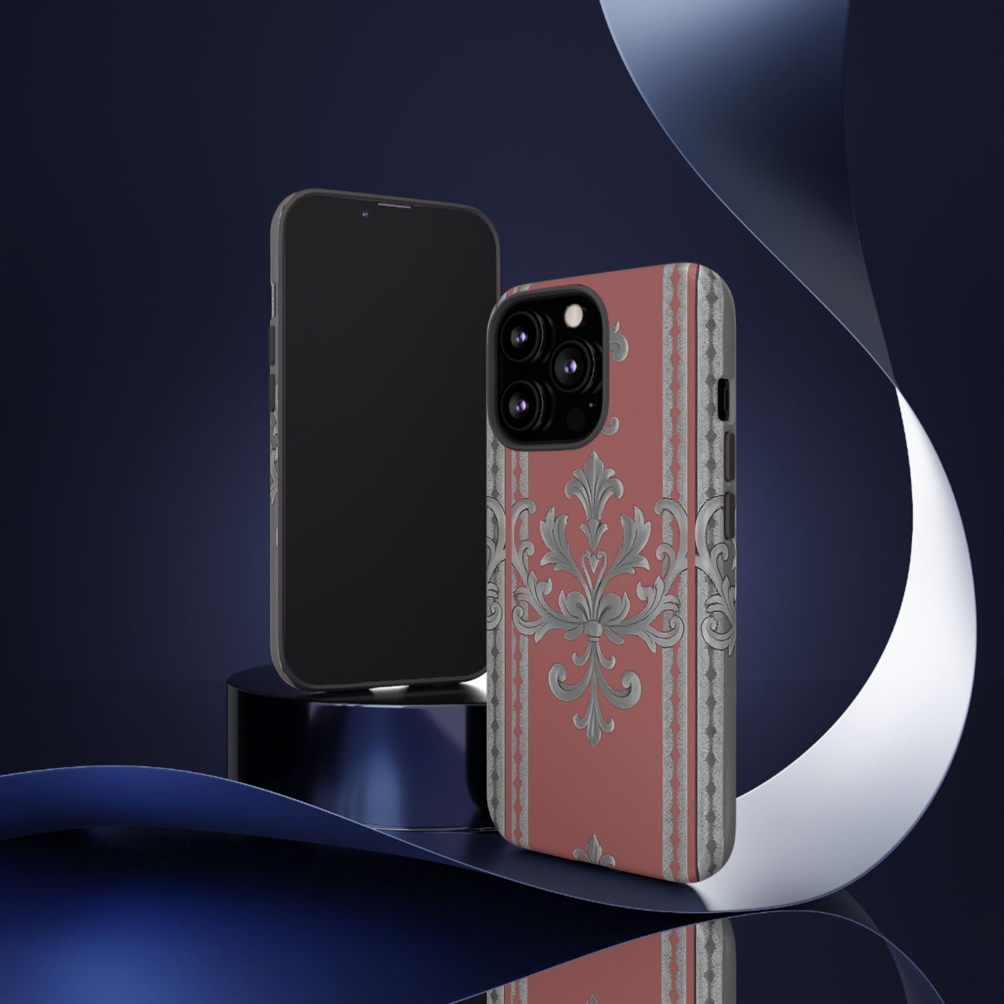 Elegant Floral Phone Case - Tough Cases for Stylish Protection - Gray & Mauve Striped Baroque