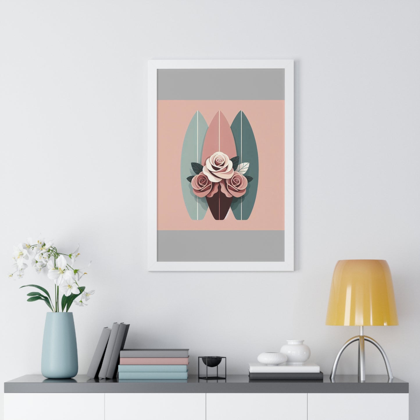Vertical Poster - Burgundy, Matte Mauve & Teal Surfboard & Roses Wall Art