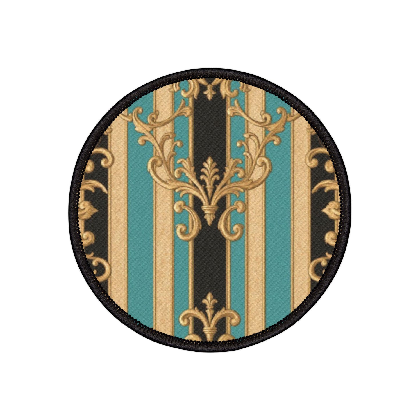 Black, Tan & Ocean Green Striped Gold Baroque Vintage-Inspired Iron-On Patches for Personalization, DIY Fashion, Upcycle Your Style, Gift for Crafters