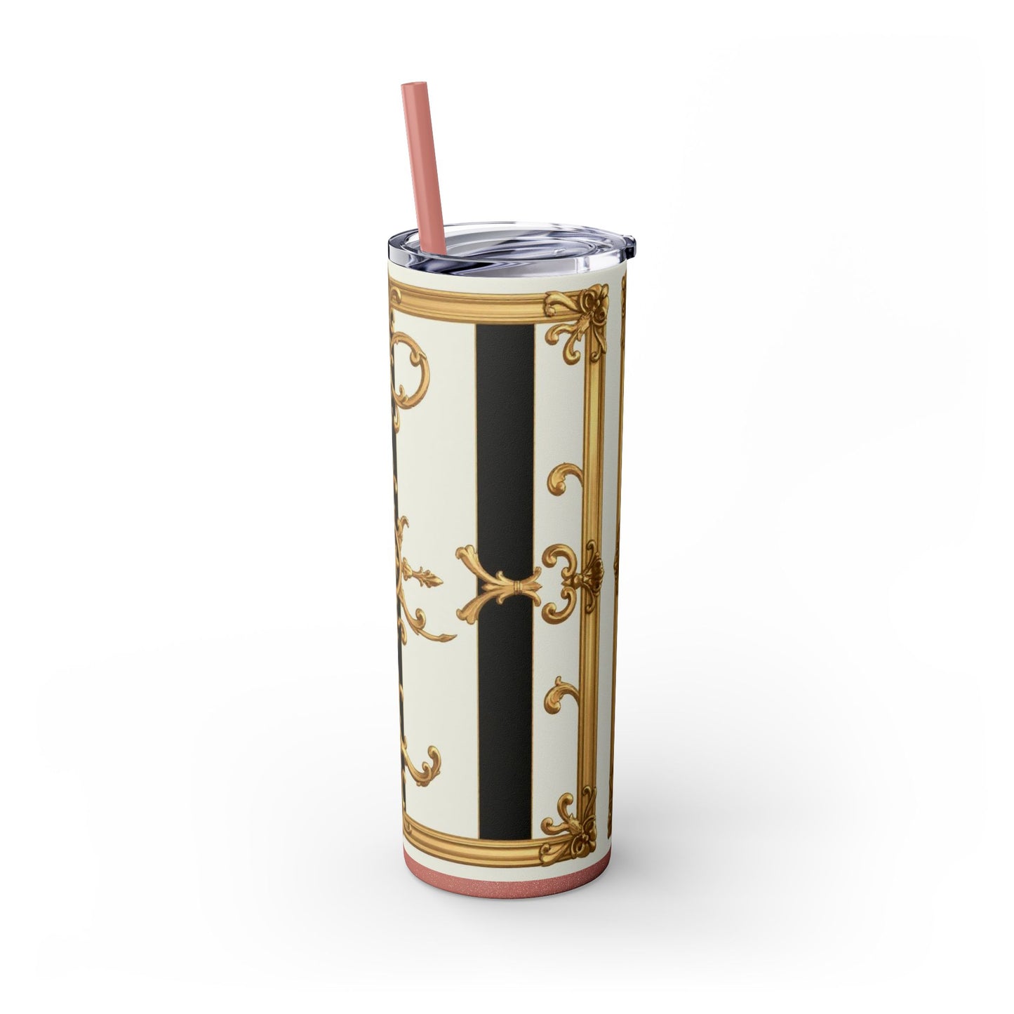 Elegant Gold Accents Skinny Tumbler, 20oz - Stylish Drinkware for Weddings, Parties, Gifts, or Everyday Use - Black & White Striped Gold Baroque