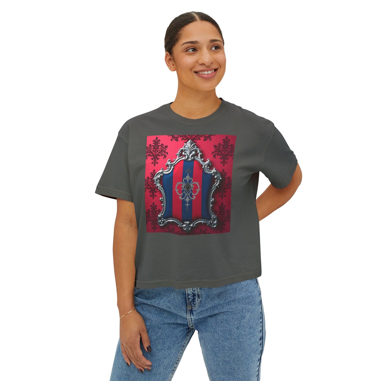 Vintage-Inspired Women's Boxy Tee, Retro Graphic Top, Casual Summer Shirt, Trendy Fashion Tee, Gift for Her - Blue & Red Striped Silver Crest