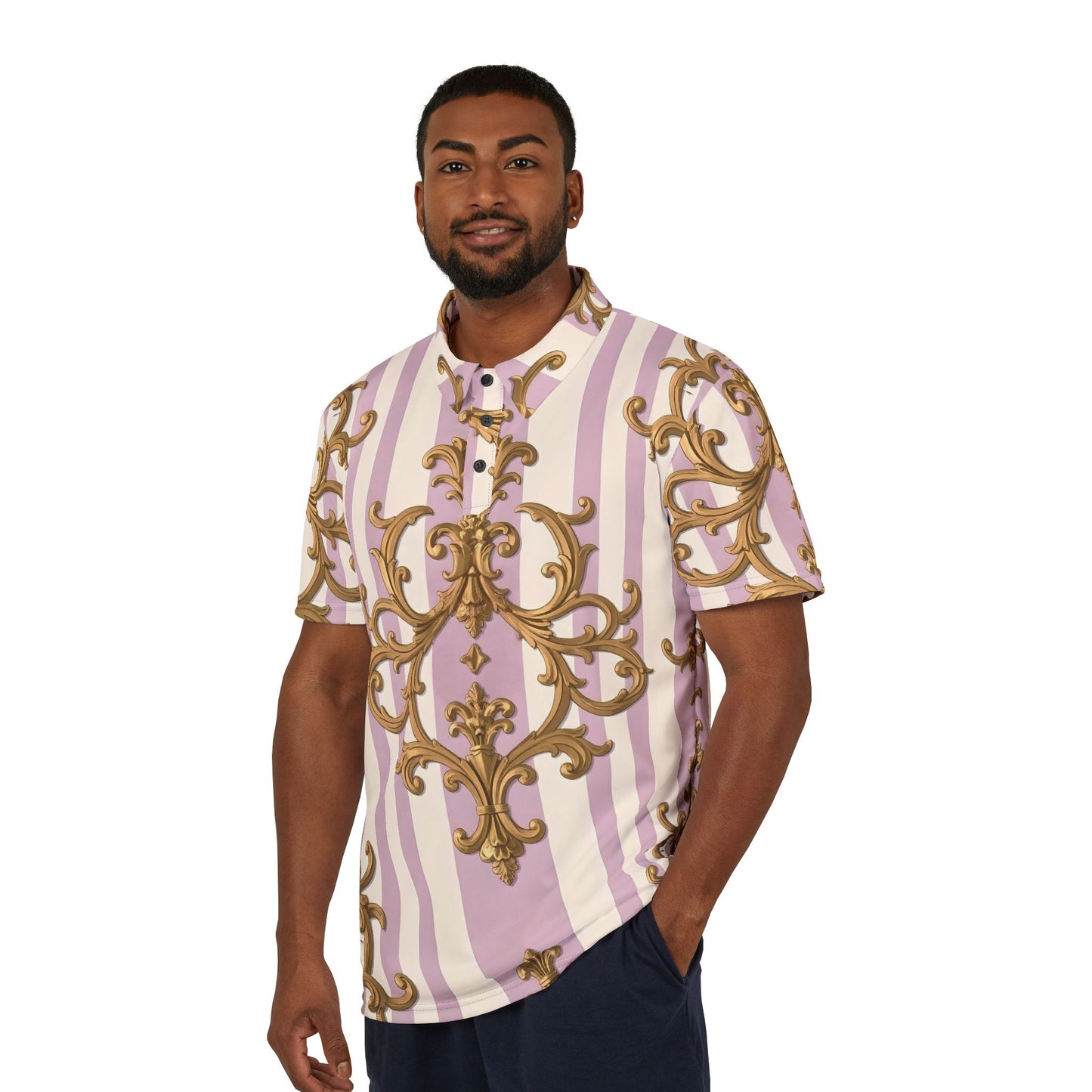 Elegant Vintage-Style Unisex Polo Shirt, Casual Outfit, Summer Wear, Gift for Her or Him, Retro Fashion - Lilac & Alabaster Striped Gold Baroque