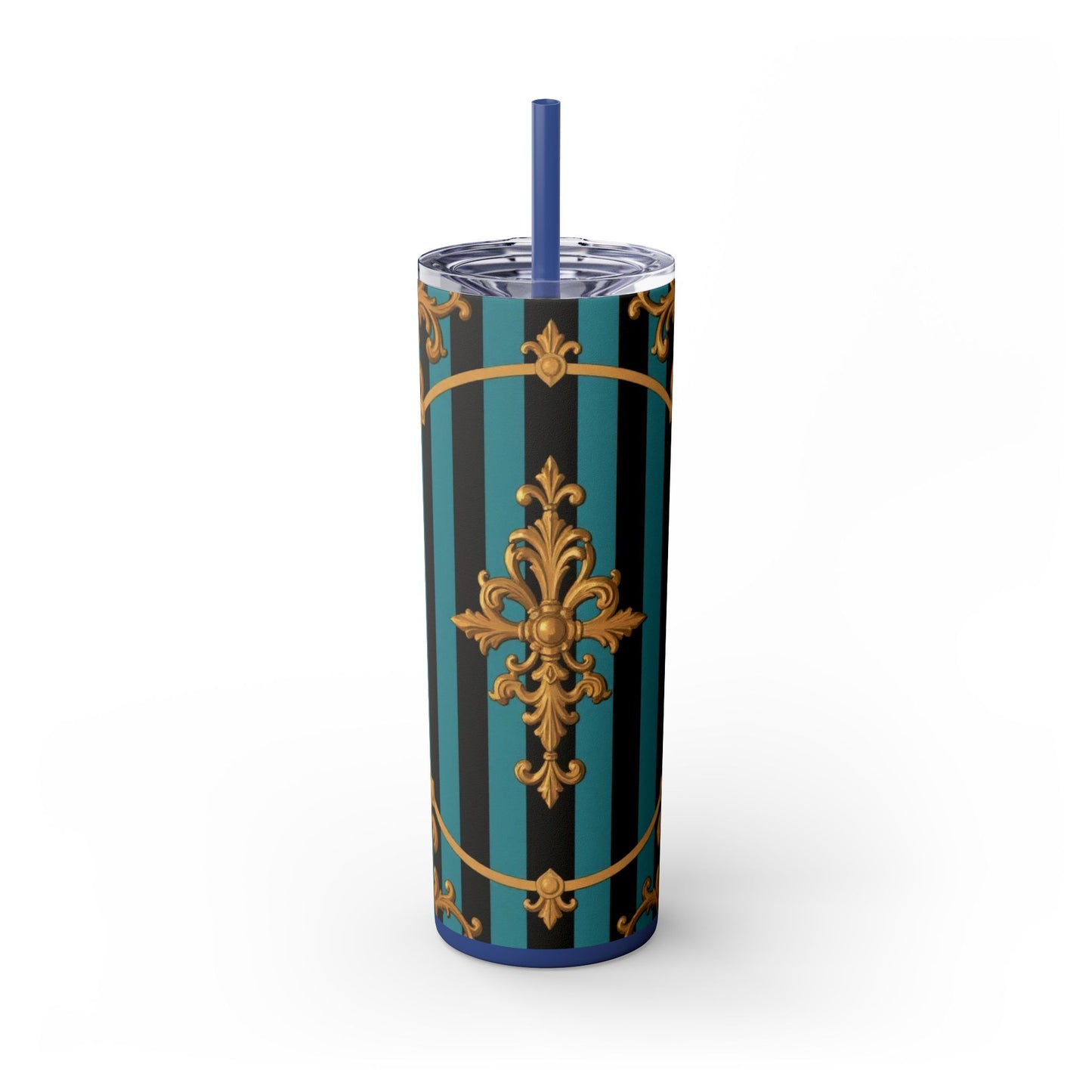 Elegant Turquoise & Black Striped Gold Baroque Skinny Tumbler with Straw, 20oz, Stylish Travel Mug, Party Favor, Birthday Gift, Drinkware