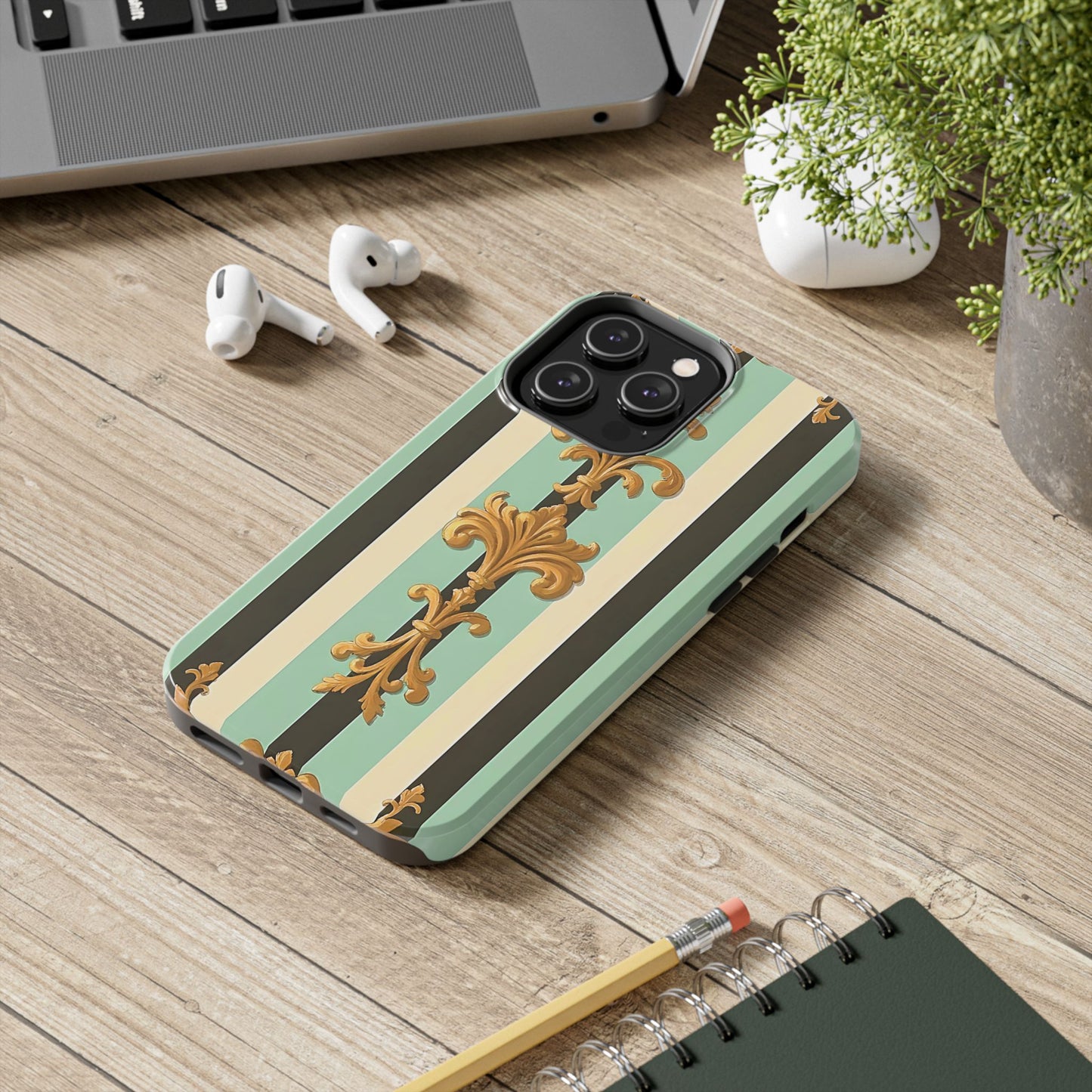 Elegant Floral Tough Phone Cases - Stylish Protection for All Occasions, Gifts for Her, Phone Covers - Black & Matte Mint Striped Rococo
