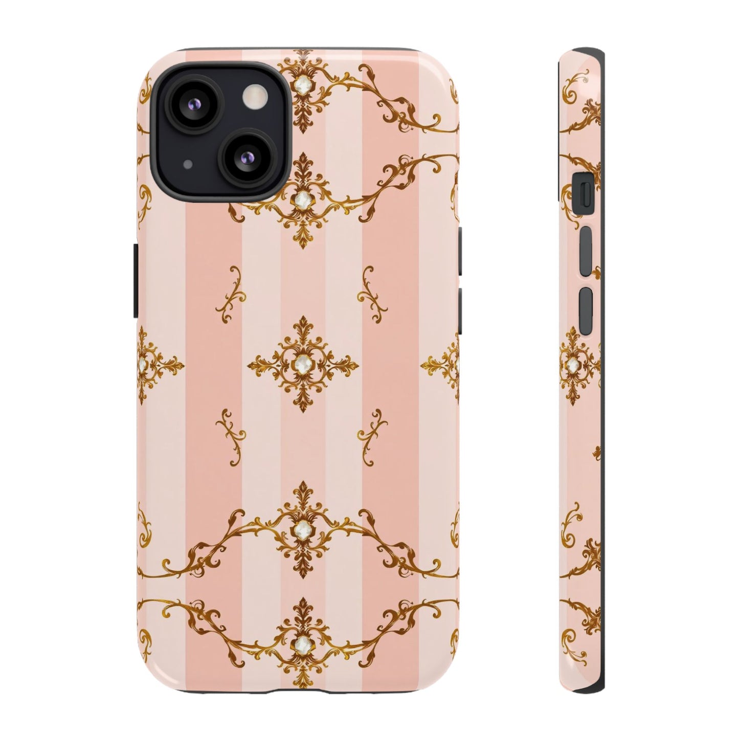 Elegant Floral Phone Case, Tough Cases for Women, Trendy Phone Cover, Chic Gift - Pink Jeweled Striped Gold Baroque