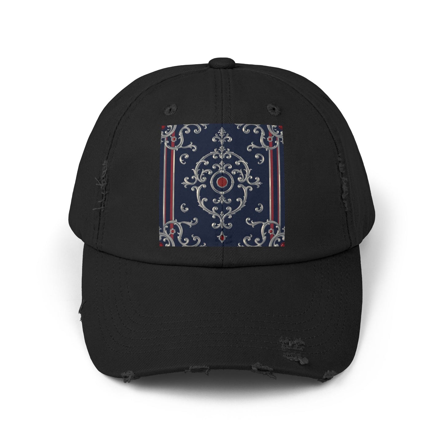 Stylish Unisex Distressed Cap with Ornate Design, Casual Hat for Outdoor Adventures, Beach Days - Blue & Red Silver Baroque