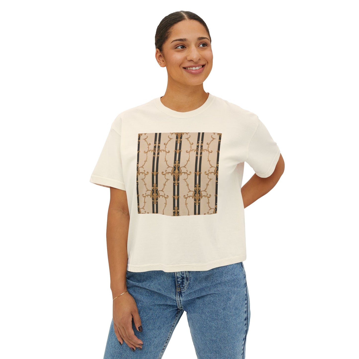 Chic Women's Boxy Tee with Abstract Design, Casual Top, Fashion Tee, Everyday Wear, Stylish Gift for Her - Black & Beige Striped Damask