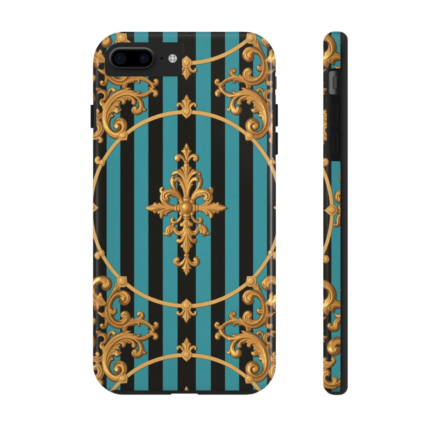 Elegant Turquoise & Black Striped Gold Baroque Phone Case, Tough Phone Cases for Fashion Lovers, Gift for Her, Luxury Accessories