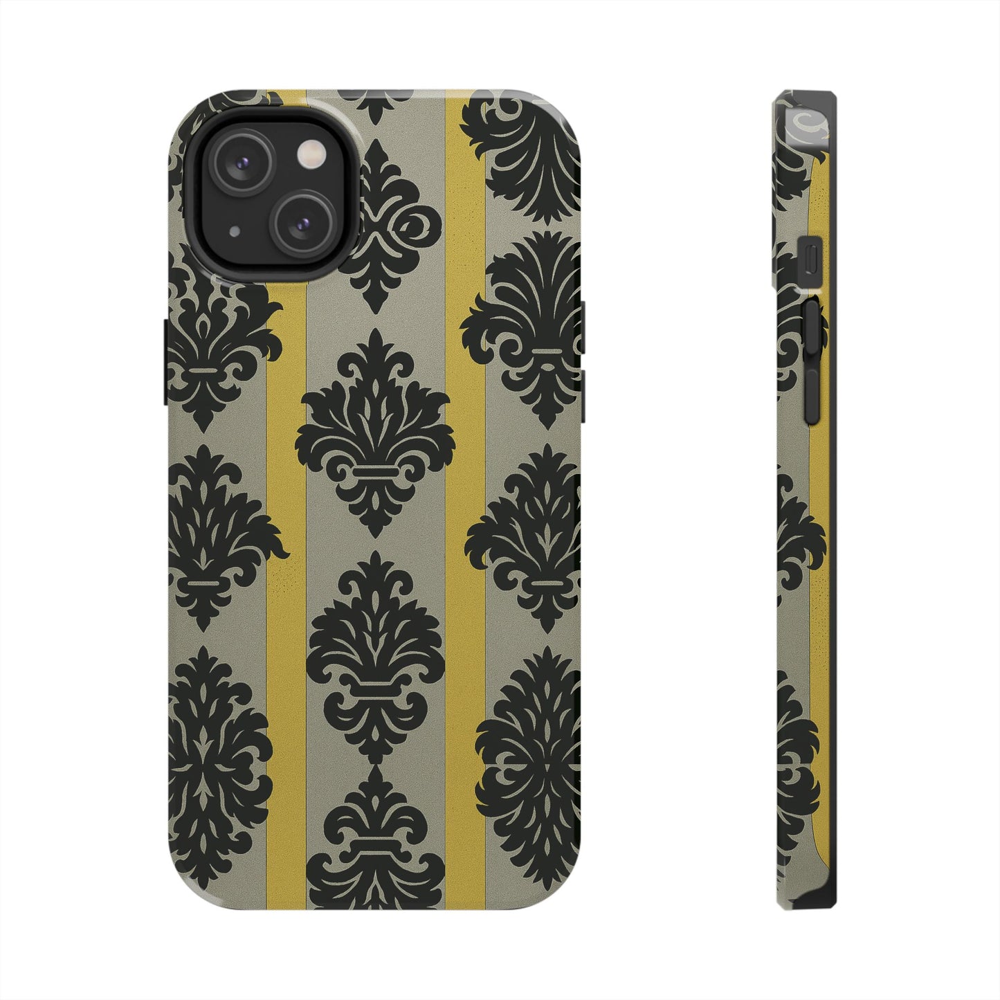 Elegant Baroque Tough Phone Cases | Chic Phone Protection | Gift for Her | Stylish Accessory | Holiday Gift Idea | Silver & Gold Striped Black Baroque