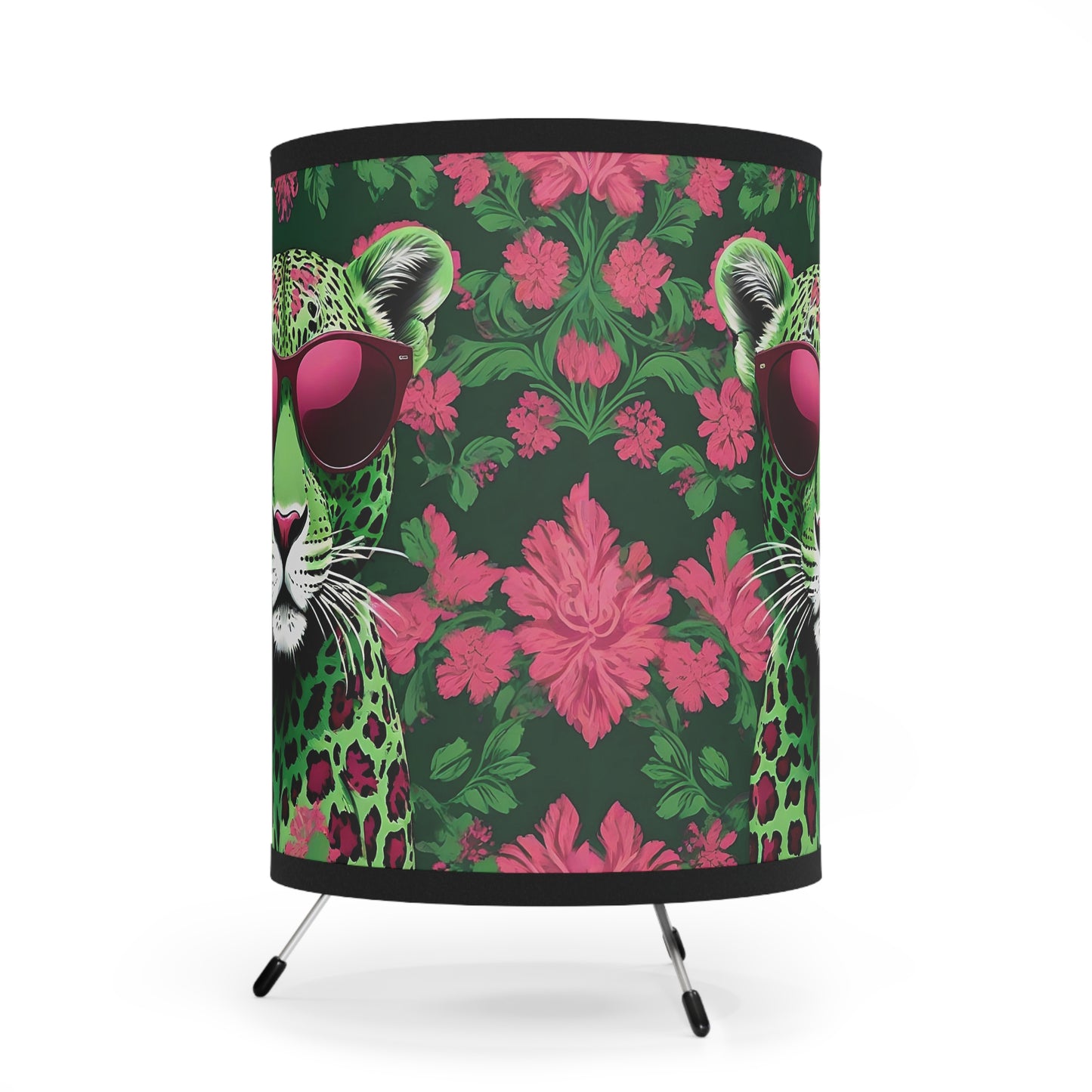 Tripod Lamp - Elegant Vintage Floral Print Home Accent - Lime Green & Burgundy Leopard In Sunglasses Design