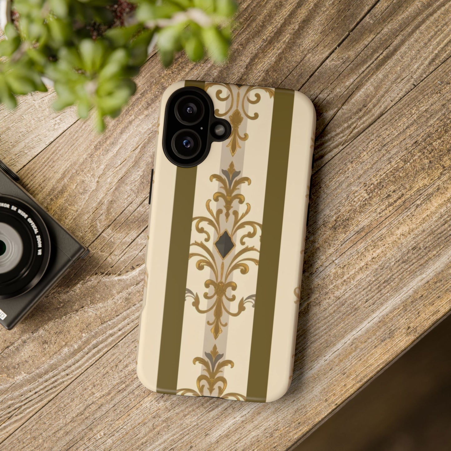Elegant Floral Motif Phone Case - Tough Cases with Vintage Design - Olive Striped Gold Damask
