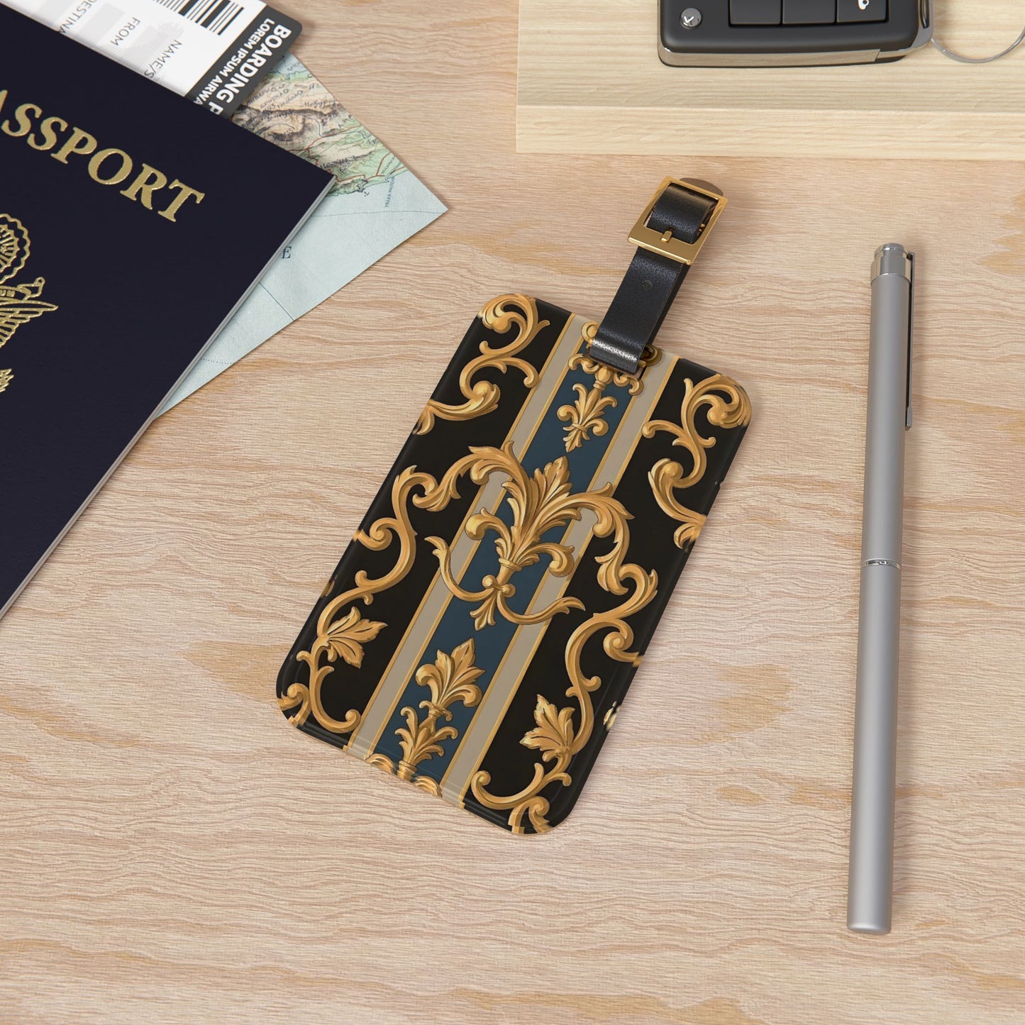 Elegant Vintage Luggage Tag | Travel Accessories, Personalized Baggage Tag, Stylish ID Holder, Gift for Travelers - Blue & Black Striped Rococo