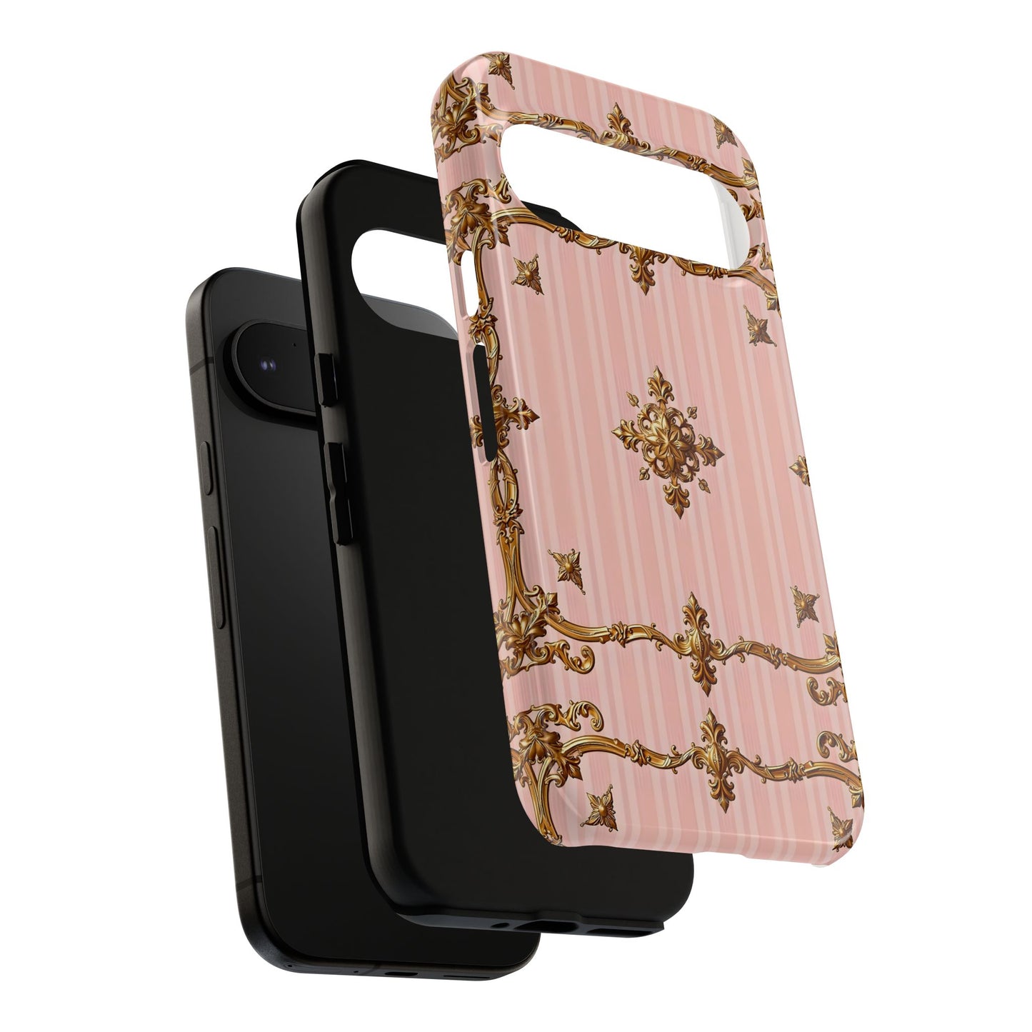 Elegant Floral Phone Case, Tough Cases for Women, Trendy Phone Cover, Chic Gift - Pink Striped Gold Baroque