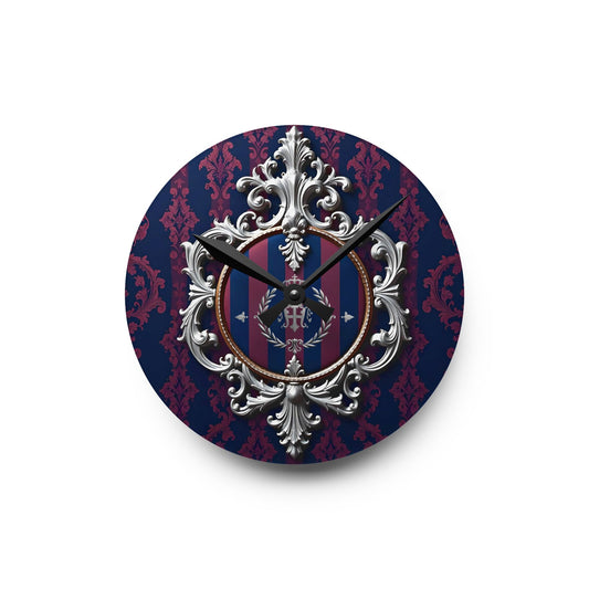 Elegant Vintage-Inspired Acrylic Wall Clock for Timeless Home Decor, Wall Art, Gift Idea, Office Decor - Blue & Plum Striped Silver Crest