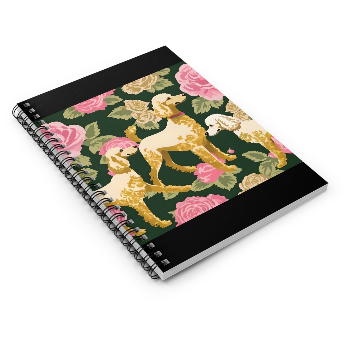 Elegant Vintage Spiral Notebook - Ruled Line with Damask Poodles In Dark Green & Pink Roses