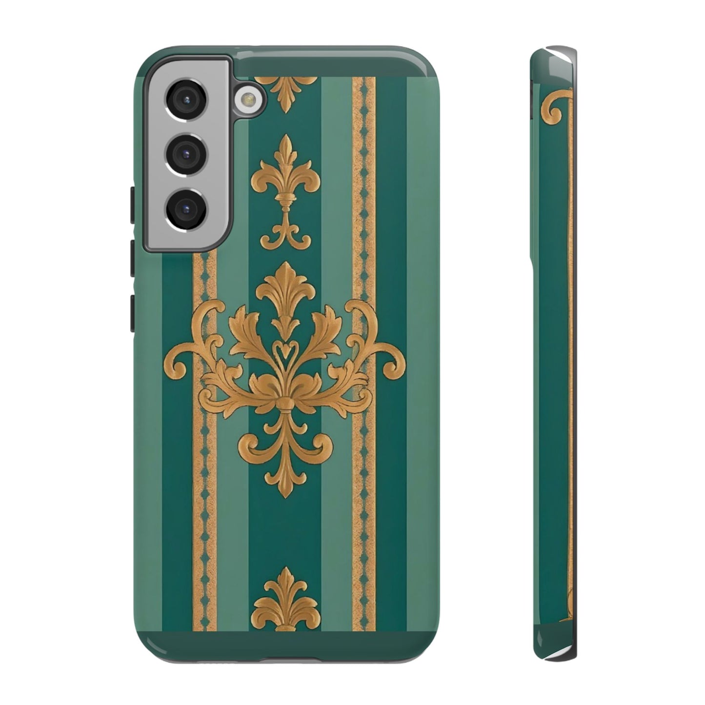 Elegant Floral Motif Phone Case - Tough Cases with Vintage Design - Teal Striped Gold Damask