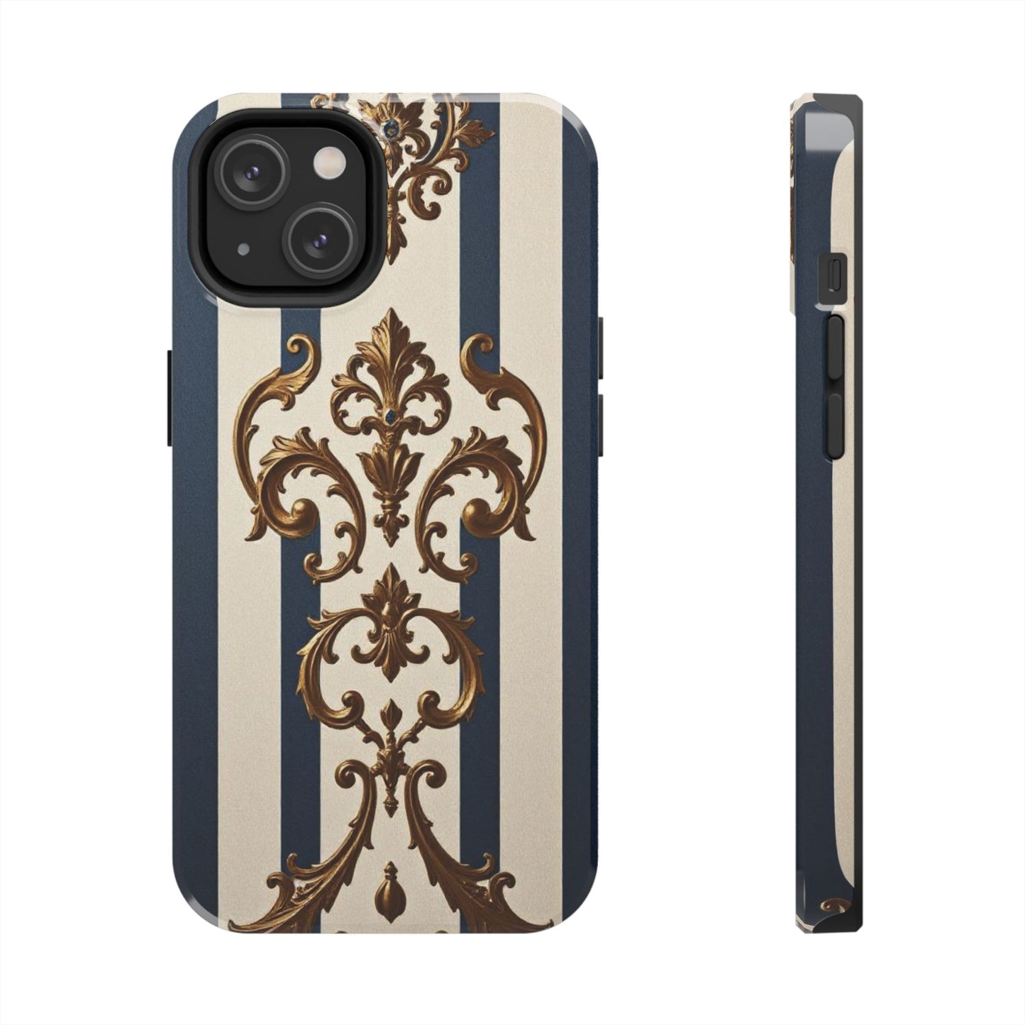 Damask Tough Phone Case - Alabaster & Blue Striped Damask