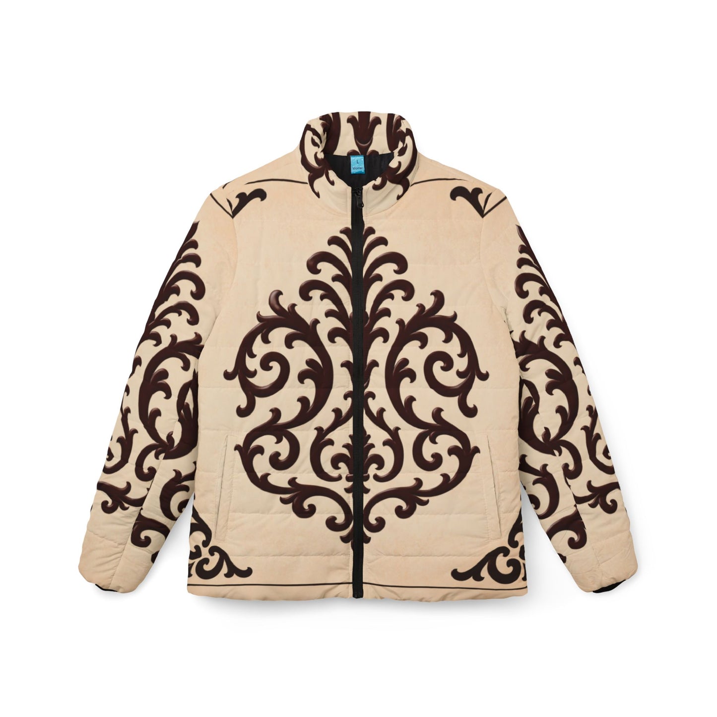 Almond-Beige & Brown Baroque Women’s Puffer Jacket — Baroque Scroll Print