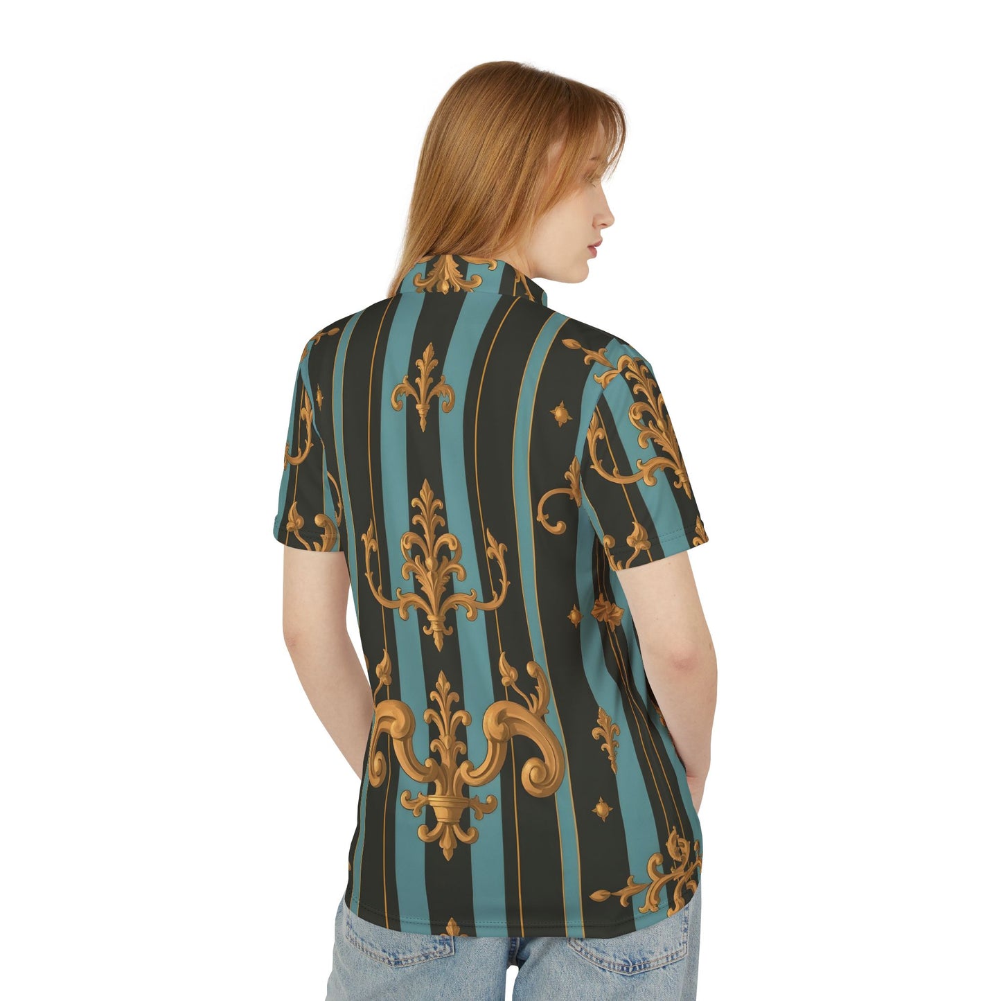 Chic Patterned Unisex Polo Shirt | Stylish Casual Wear, Summer Fashion, Trendy Gift, Parties, Unique Print - Black & Turquoise Striped Baroque
