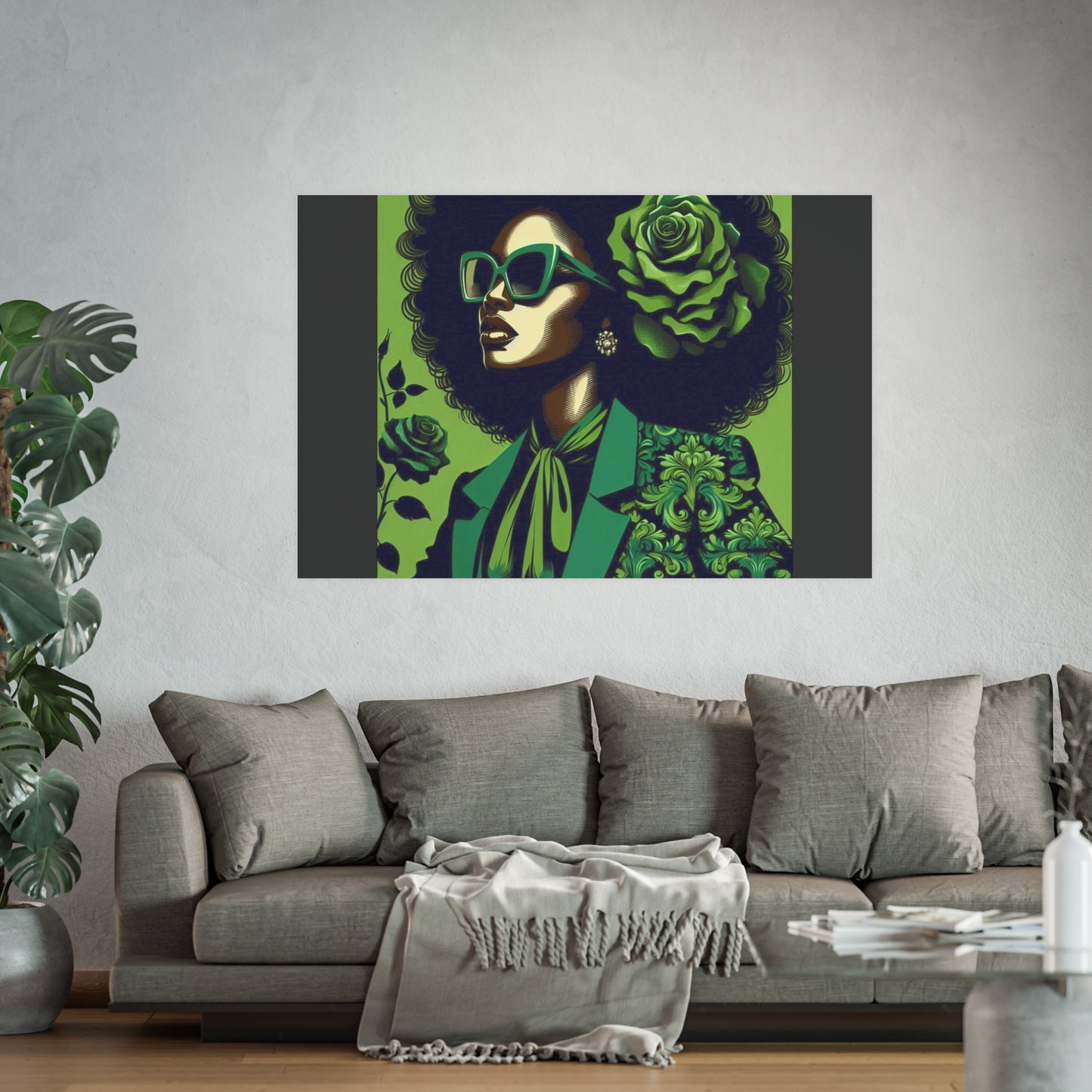 Chic Afrocentric Art Poster, Vibrant Wall Décor, Stylish Home Decoration, Damask Chic Art Print - Lady In Green Damask