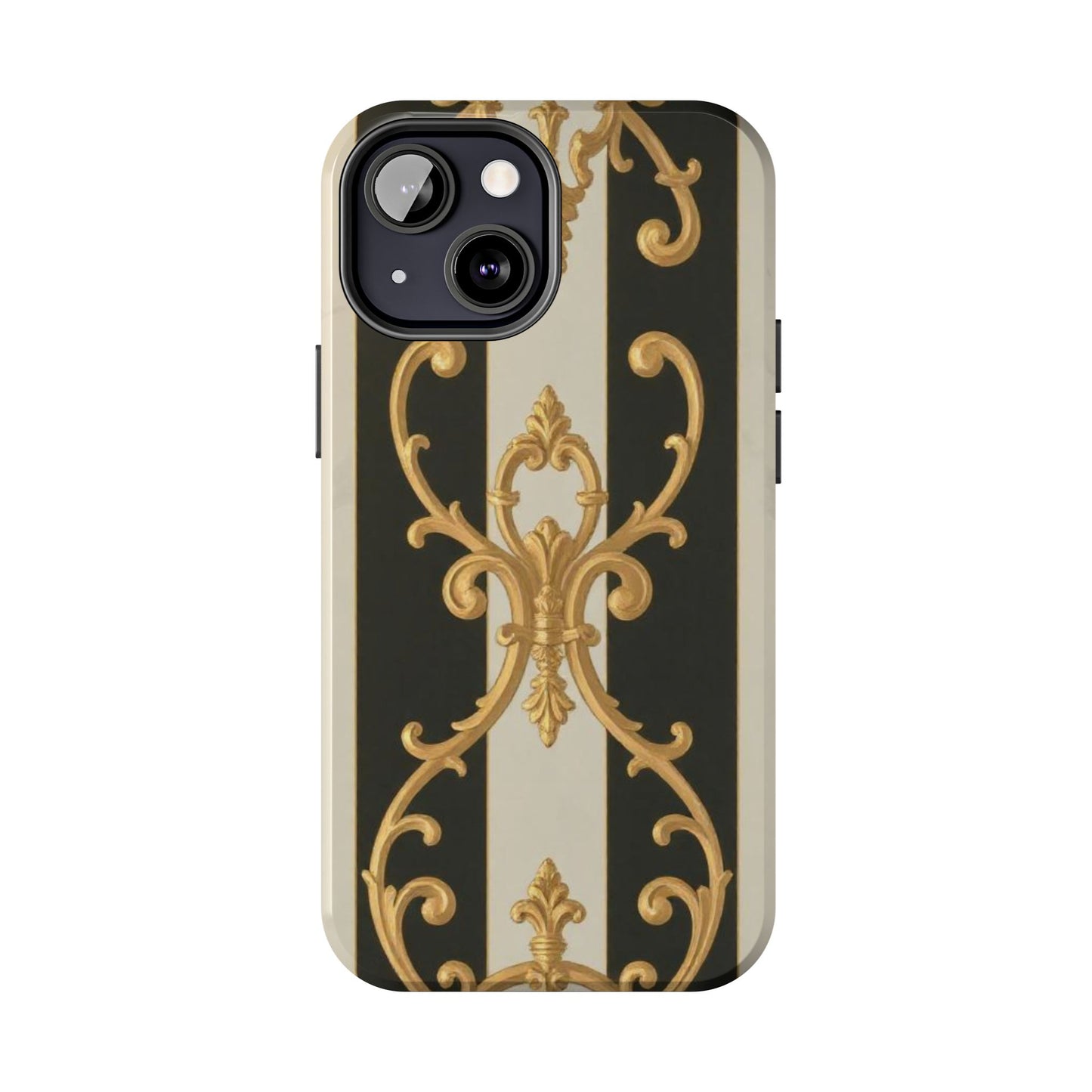 Elegant Black & Alabaster Striped Baroque Tough Phone Cases - Chic Protection, Black Gold Decor, Stylish Accessory, Gift for Her, Trendy Tech