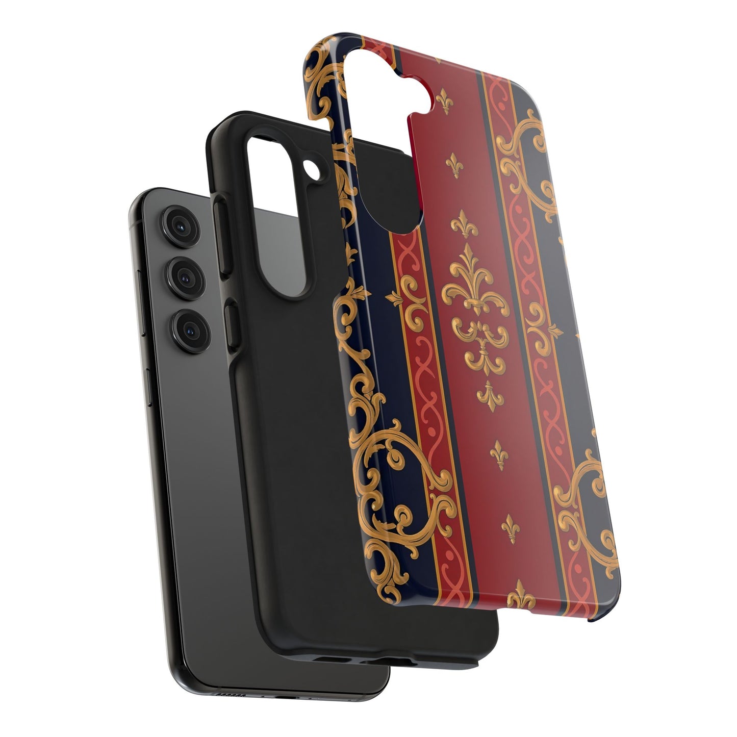 Elegant Vintage Phone Cases, Tough Phone Cover, Stylish Cell Phone Accessories, Durable Phone Protection - Midnight Blue & Dusk Red Gold Baroque
