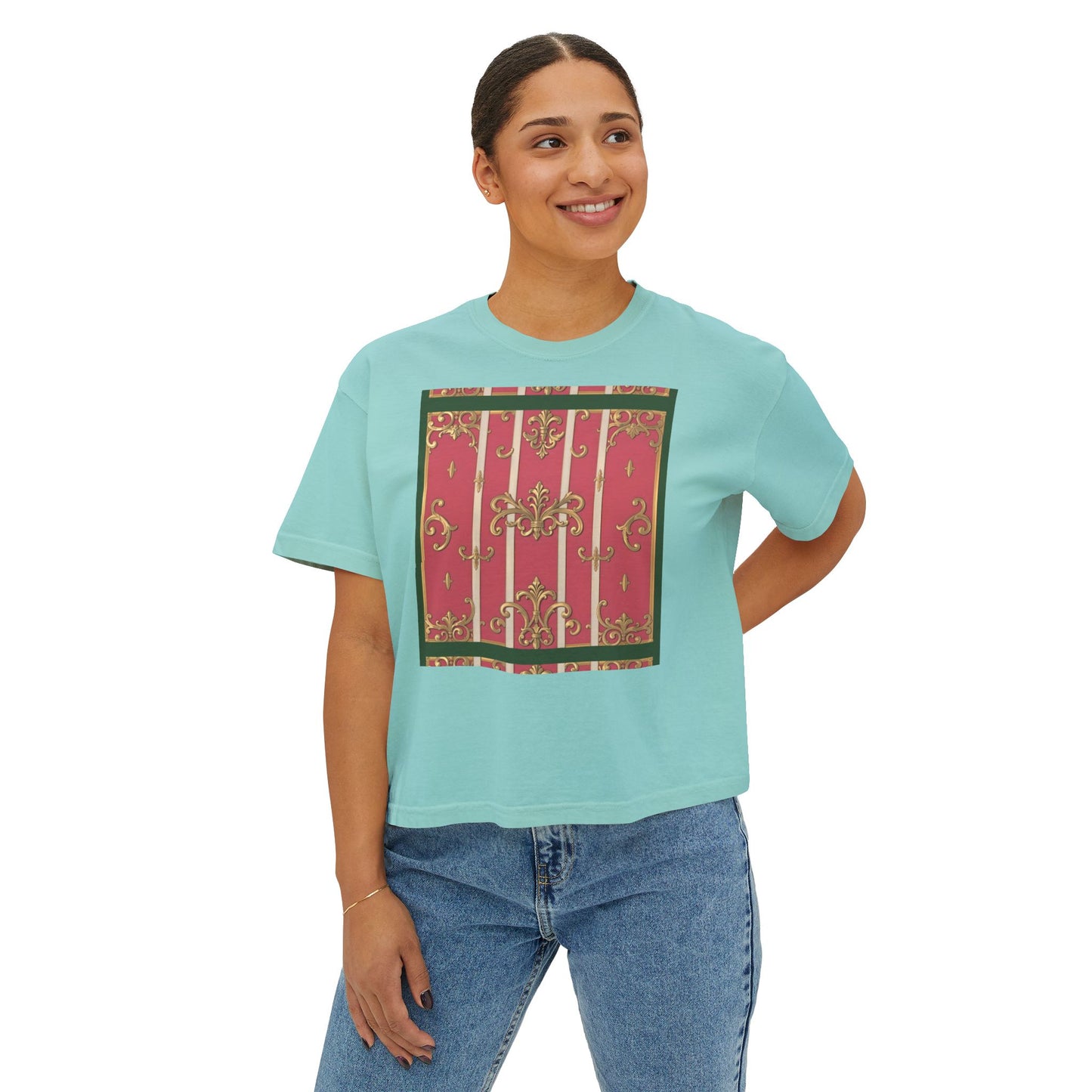 Women's Boxy Tee with Elegant Green Border Pink Striped Baroque Design, Casual Summer Top, Gift for Her, Trendy T-Shirt, Stylish Everyday Wear