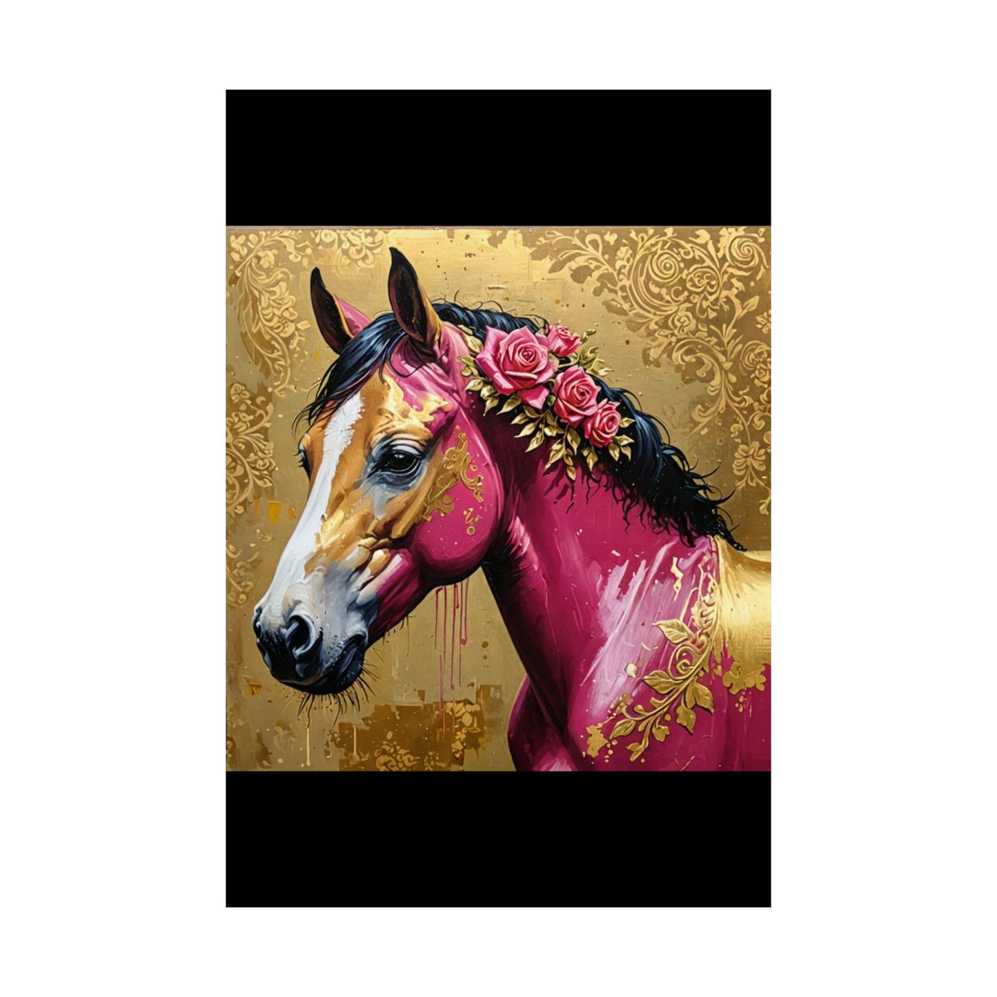 Floral Motif Art Poster - Elegant Matte Vertical Wall Decor - Magenta Horse In Gold Damask With Roses