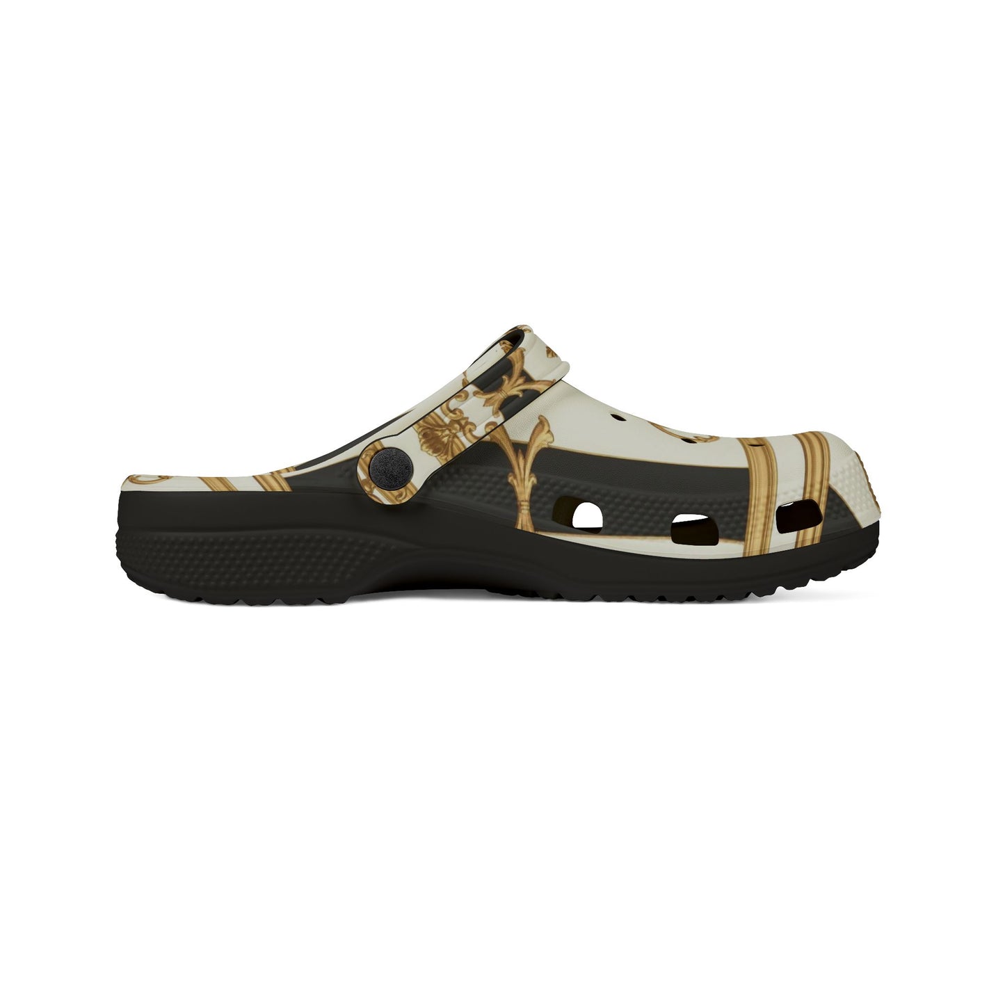 Chic EVA Foam Rubber Clogs, Stylish Gardening Shoes, Unique Pattern Slippers, Trendy Indoor/Outdoor Footwear - Black & White Striped Gold Baroque