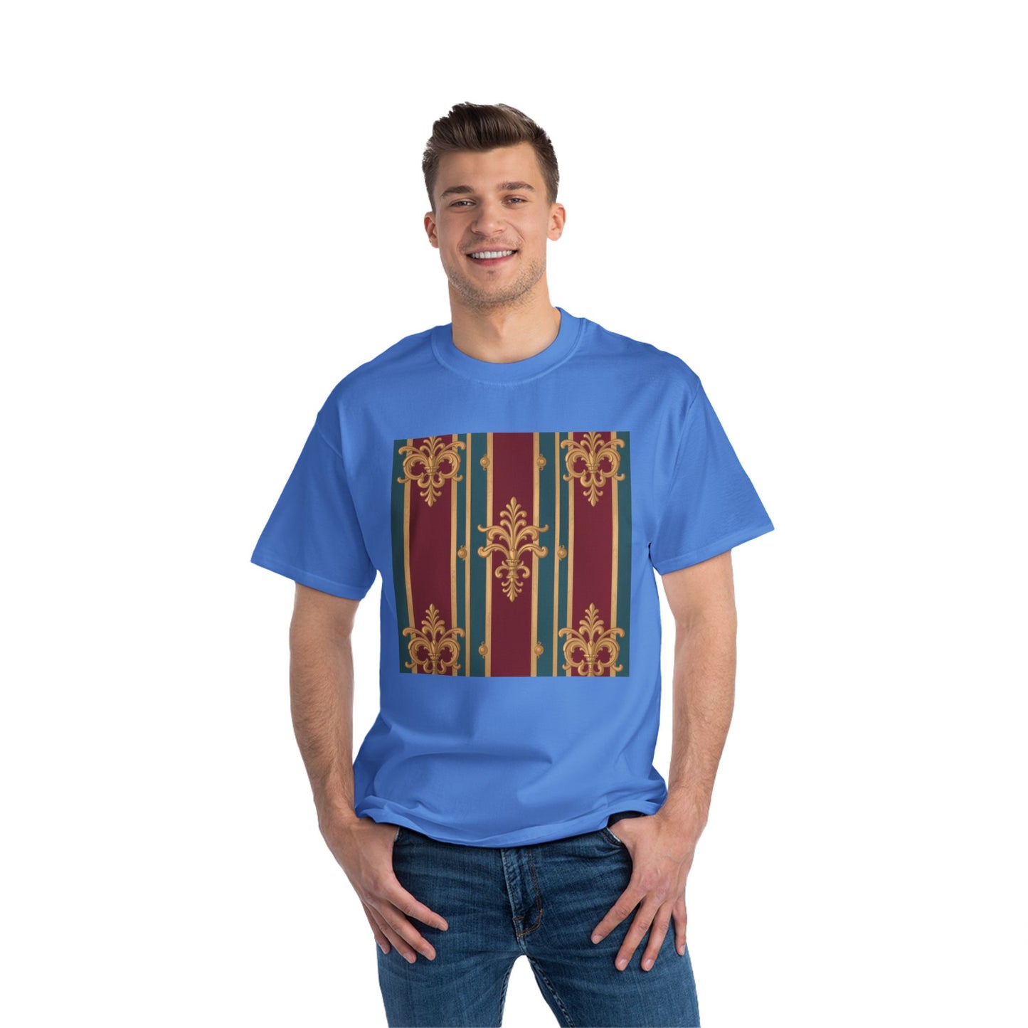 Elegant Vintage Patterned Beefy-T® Short-Sleeve T-Shirt | Casual Wear, Summer Tops, Unique Gift - Burgundy Striped Gold Baroque