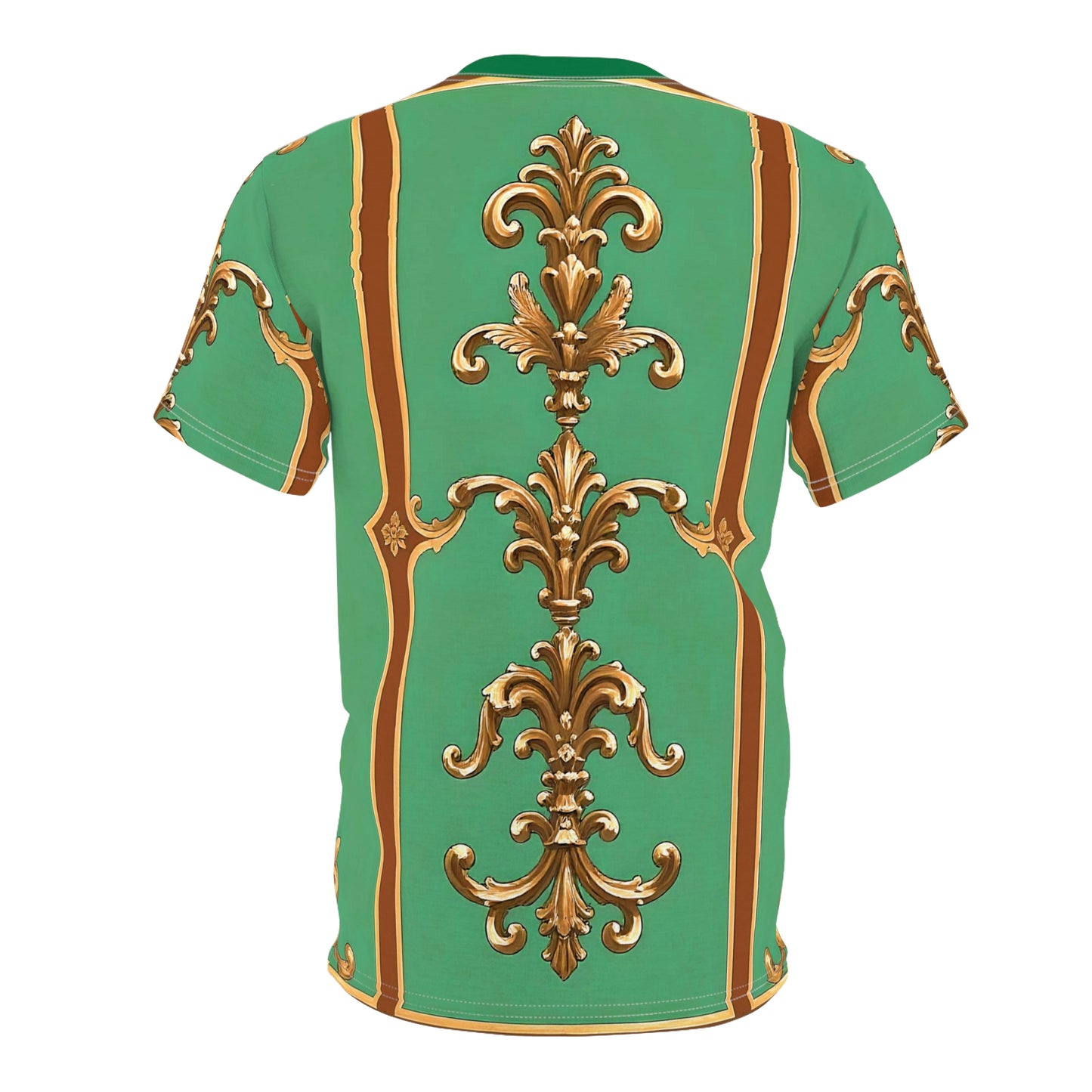 Luxurious AOP Unisex Cut & Sew Tee, Vintage Pattern Tee, Unique Graphic T-shirt, Fashion Statement Top - Rust & Green Striped Baroque