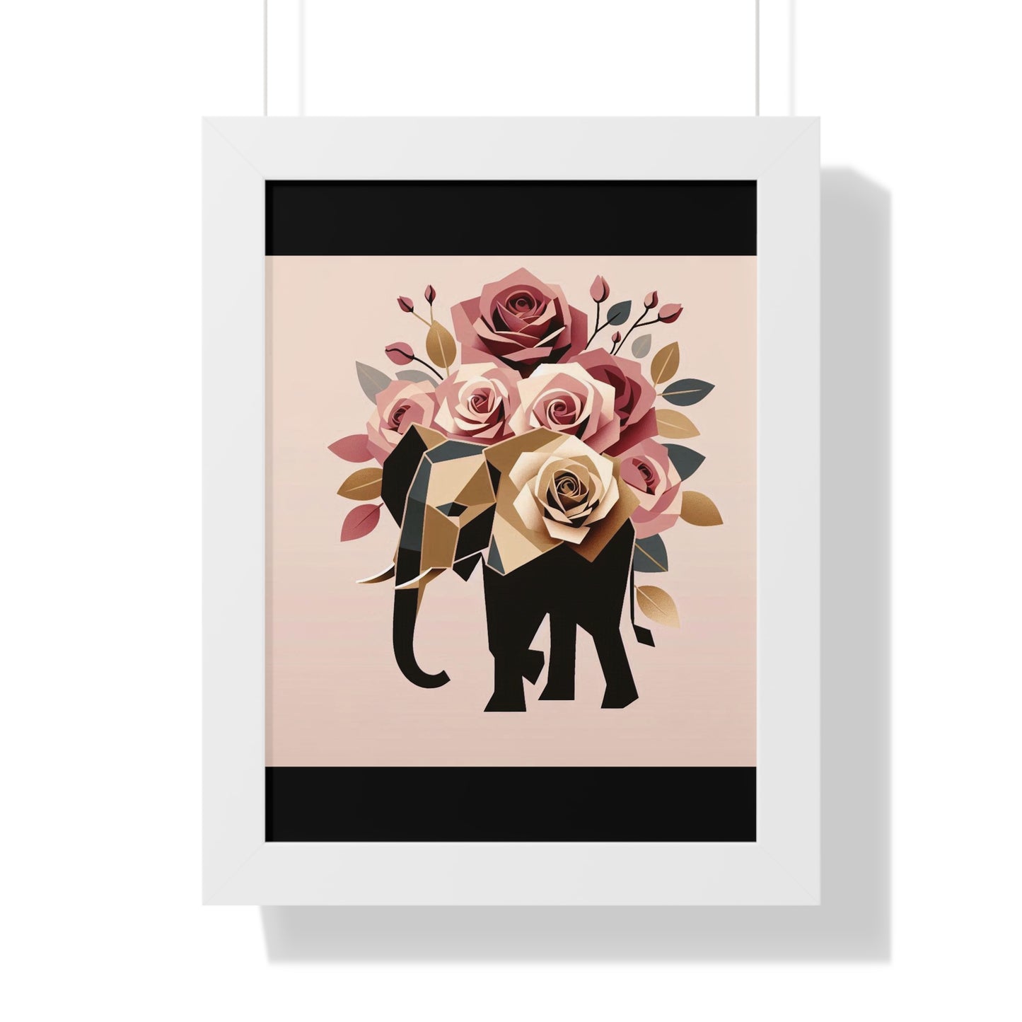 Vertical Poster - Black & Gold Elephant & Roses Wall Art