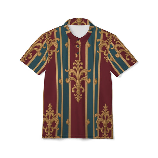 Elegant Unisex Polo Shirt, Stylish Casual Wear, Vintage Fashion, Seasonal Outfits, Gift for Him or Her - Burgundy Striped Gold Baroque