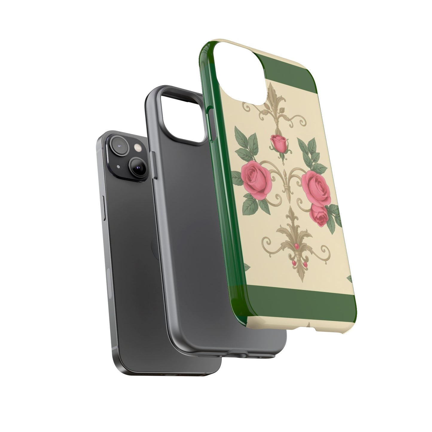 Elegant Floral Motif Phone Case - Tough Cases with Vintage Design - Green Border Roses & Damask