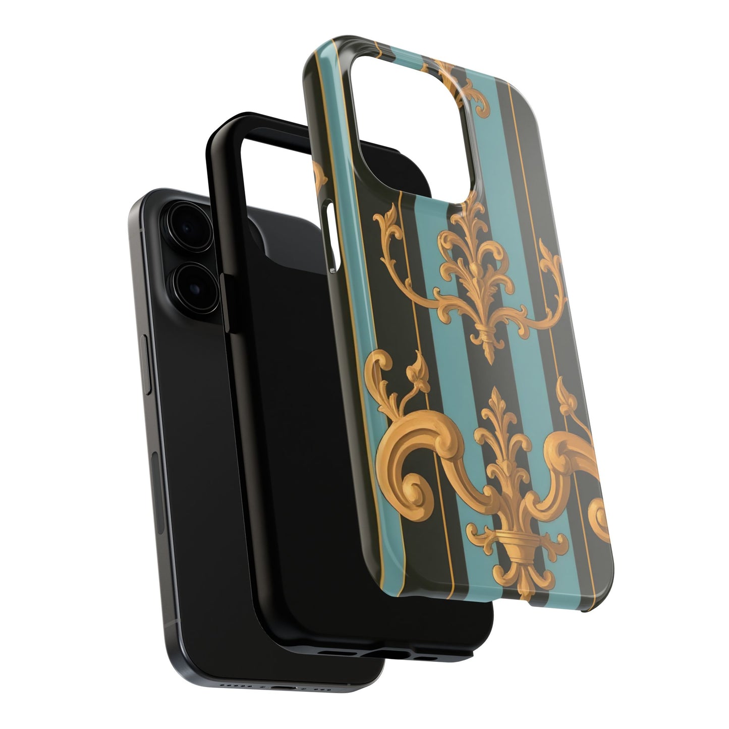 Elegant Baroque Tough Phone Case, Stylish Phone Cover, Durable iPhone Case, Unique Gift - Black & Turquoise Striped Baroque