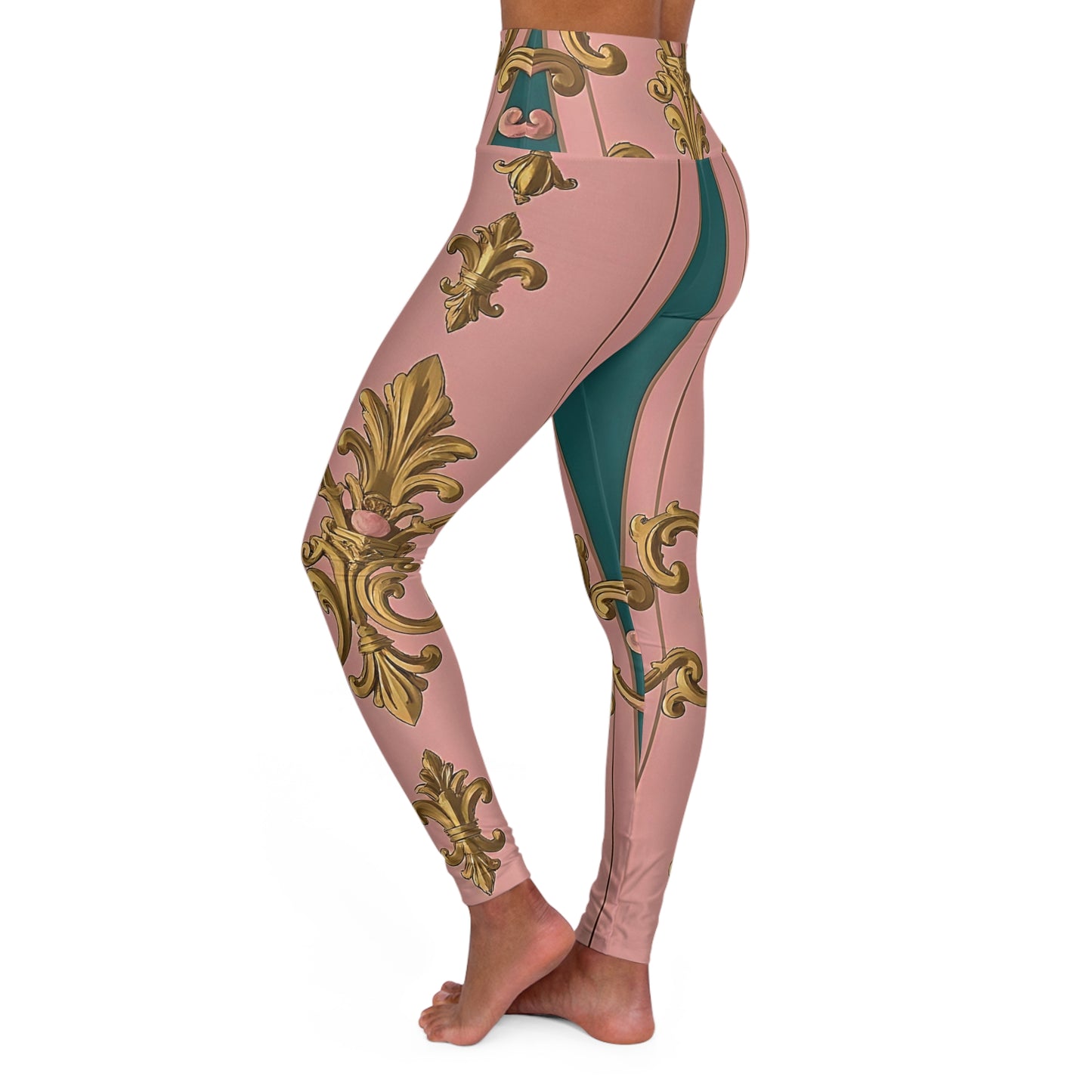 Elegant High Waisted Yoga Leggings, Stylish Activewear, Comfortable Leggings for Fitness - Pink & Teal Striped Gold Baroque
