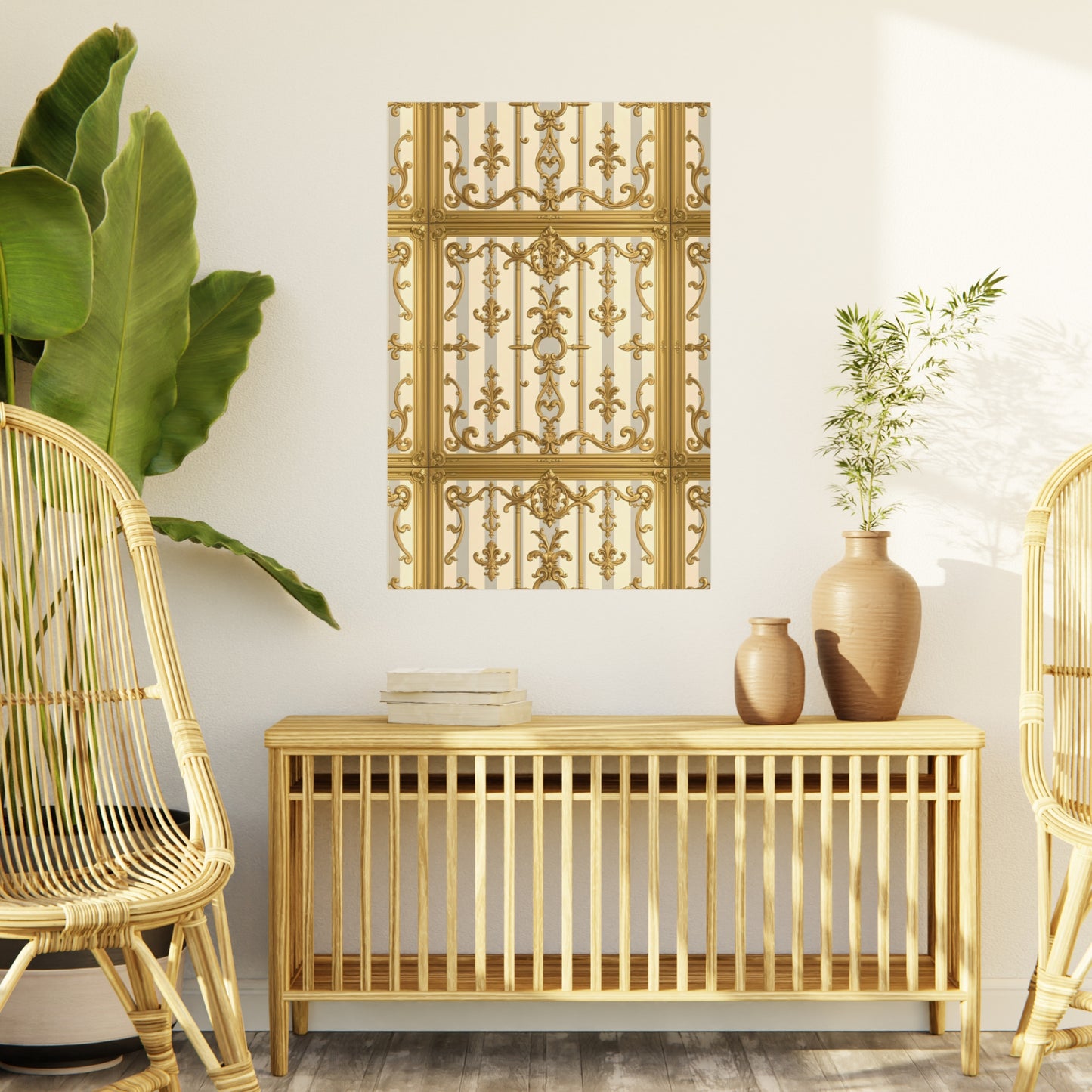 Elegant Ornate Foam Board Art - Luxury Wall Décor, Home Decoration, Versatile Display Board - Matte Gray & Cream Striped Gold Baroque