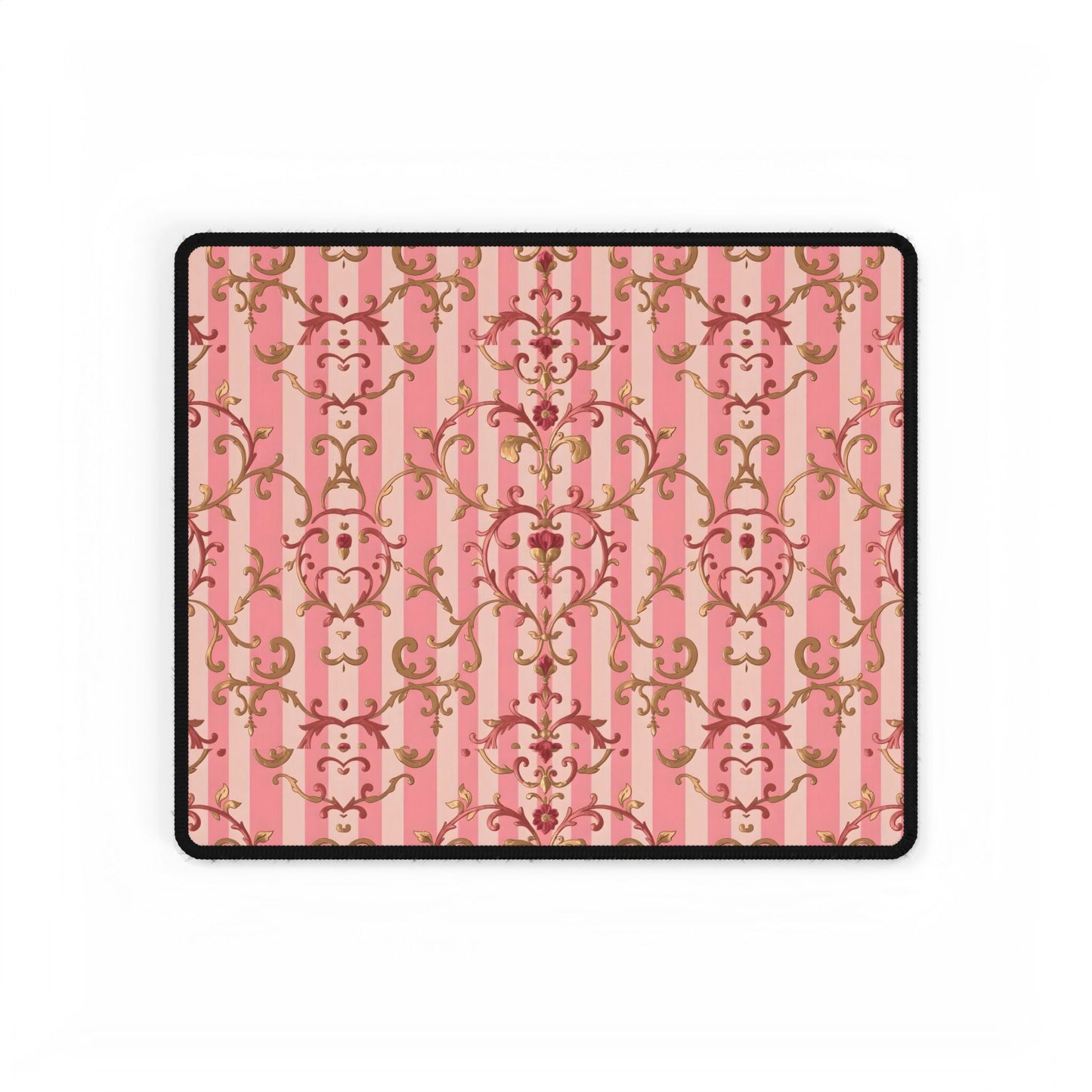 Elegant Floral Motif Desk Mat for Home Office Decor - Pink Striped Rose Gold Damask