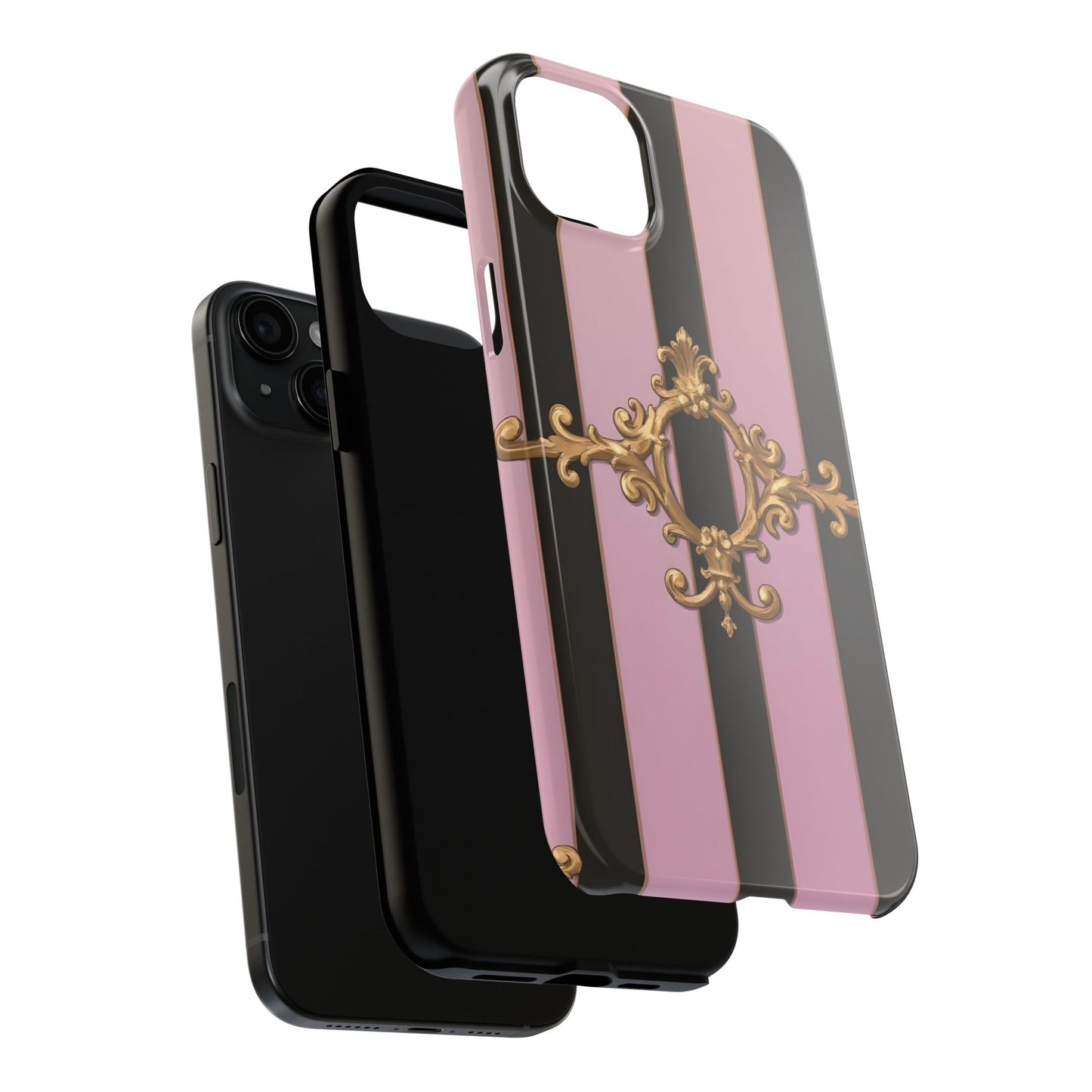 Stylish Tough Phone Case for Elegant Protection, Fashionable Accessories, Smartphone Cover - Matte Lavender & Black Striped Gold Baroque