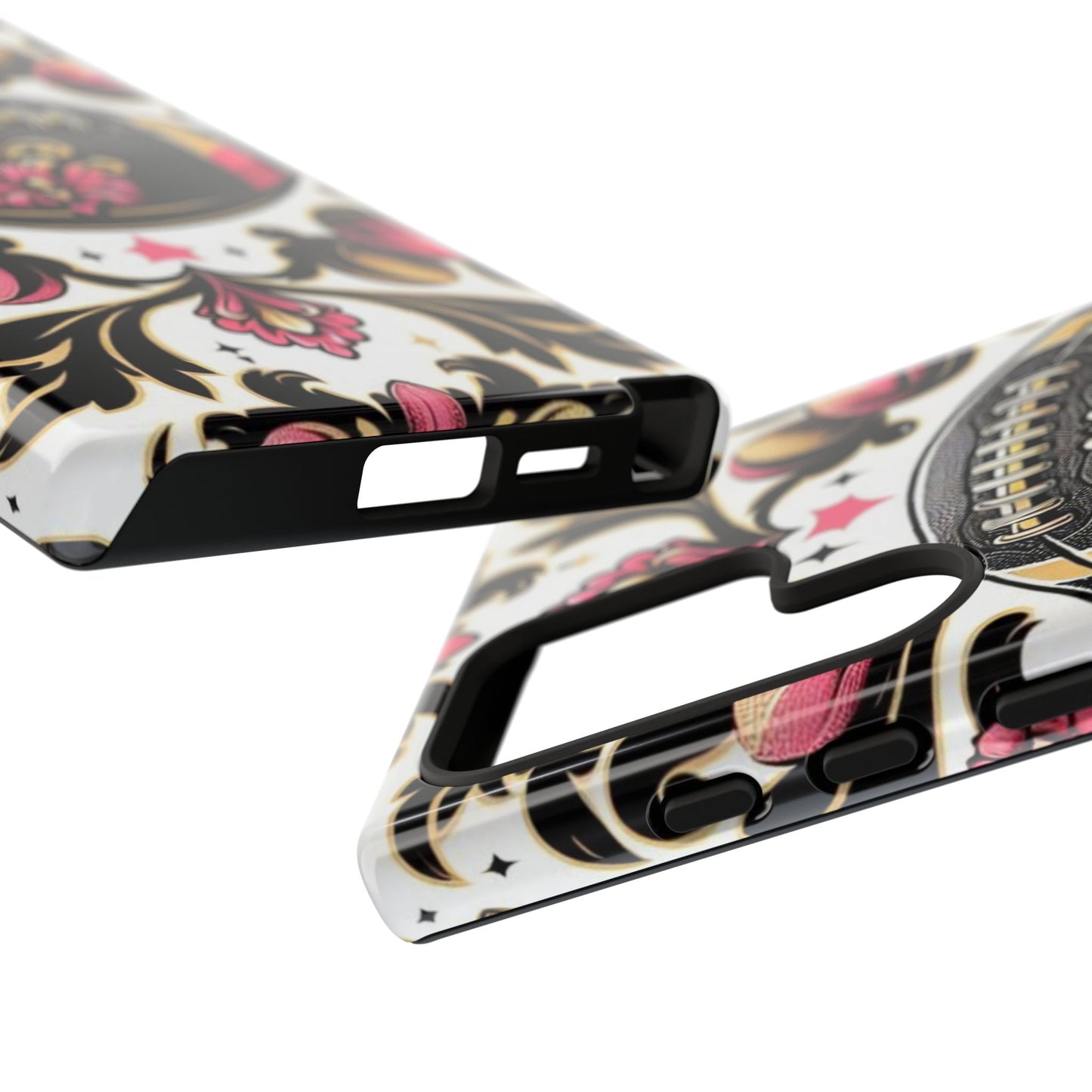 Elegant Floral Motif Phone Case - Tough Cases with Vintage Design - Damask White, Pink Gold & Black Football