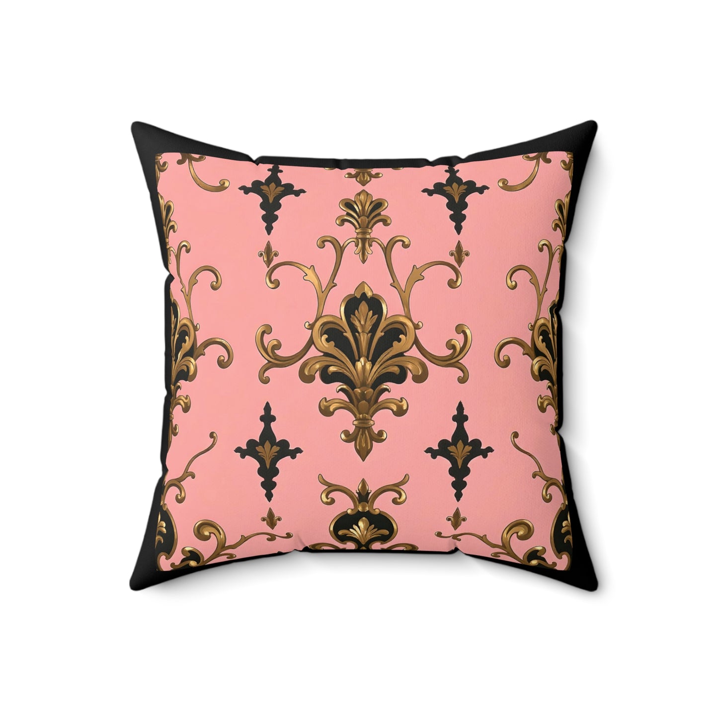 Elegant Faux Suede Pillow with Gold Baroque Design, Decorative Cushion for Home Decor, Throw Pillow - Pink, Black & Gold Rococo