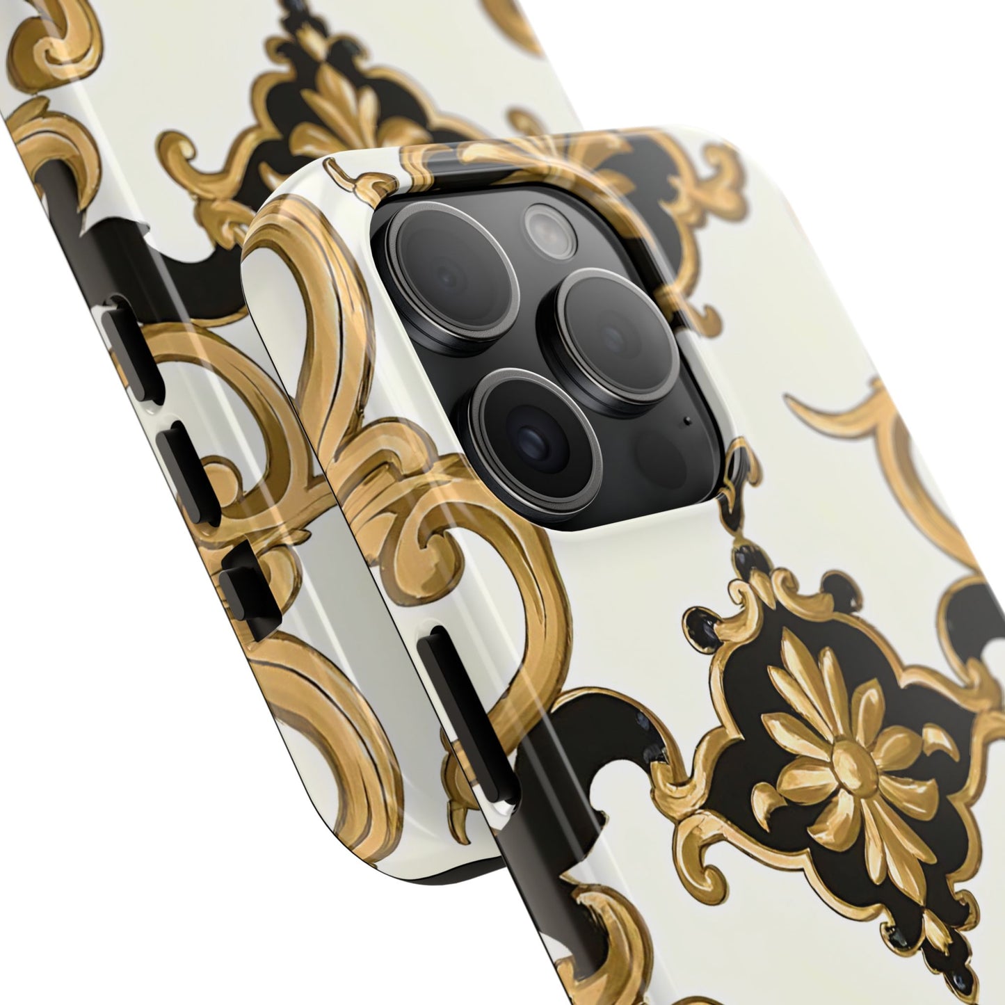 Elegant Floral Tough Phone Cases, Durable Phone Cover, Stylish Phone Accessories, Gift for Her, Chic Phone Cases - Black & Gold Rococo