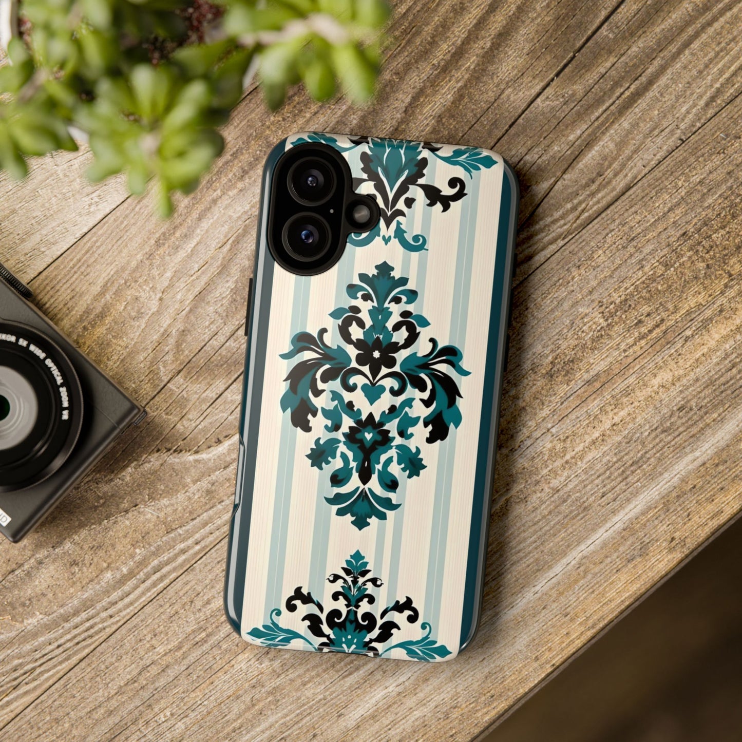 Elegant Floral Phone Case - Tough Cases with Vintage Design - Teal Striped Damask
