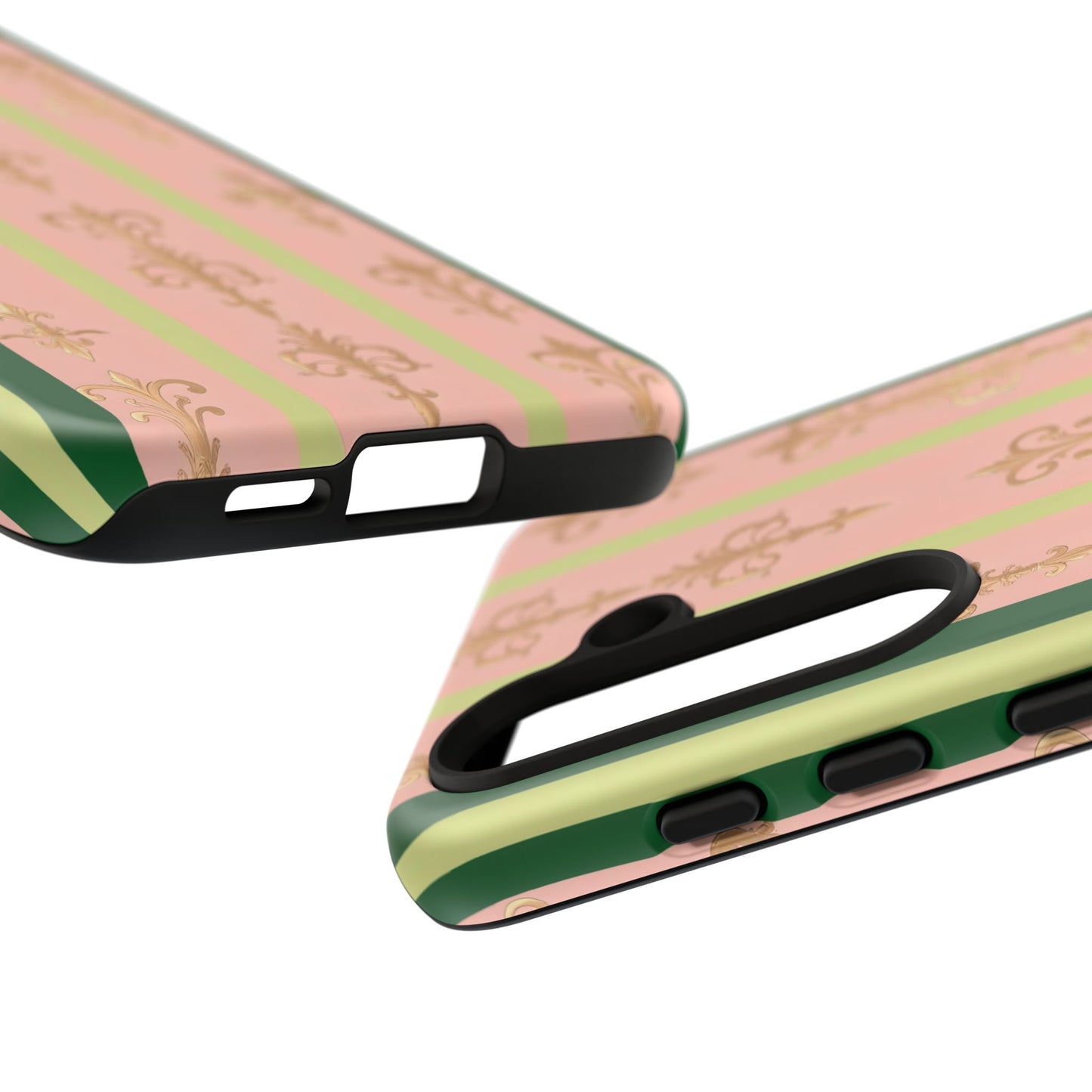 Elegant Floral Motif Phone Case - Tough Cases with Vintage Design - Lime Green & Pink Striped Damask