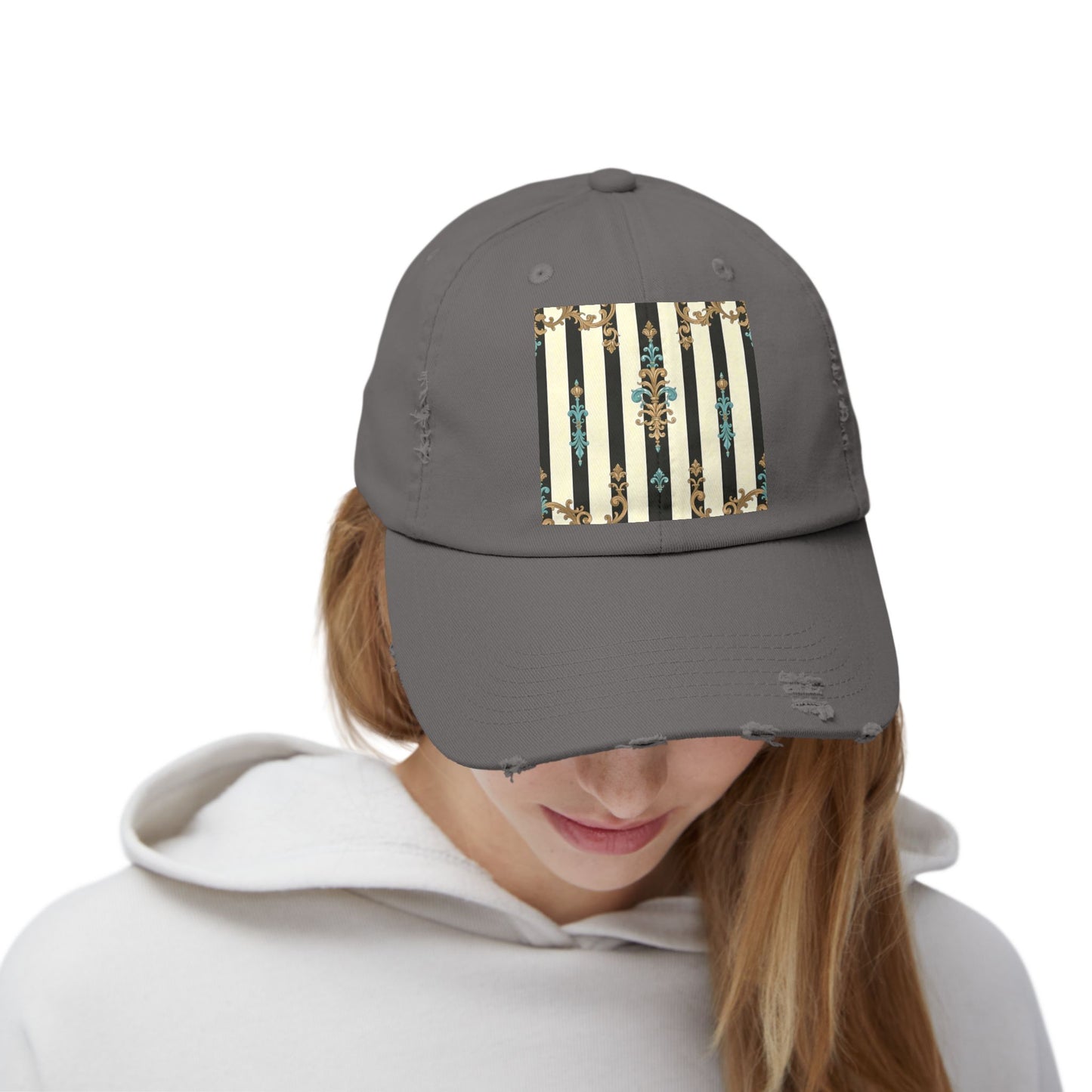 Trendy Distressed Cap for Fashion Lovers, Casual Cap, Gift for Him, Gift for Her - Black Striped Turquoise & Black Rococo