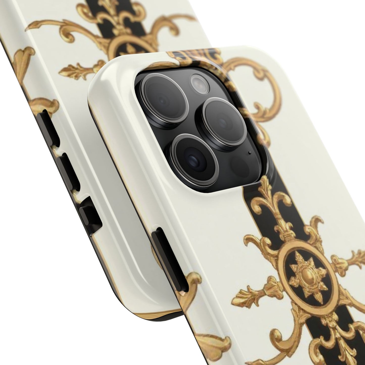 Elegant Baroque Tough Phone Case | Stylish Protection for Your Device, Gift for Her, Phone Accessories - Black & White Striped Gold Baroque