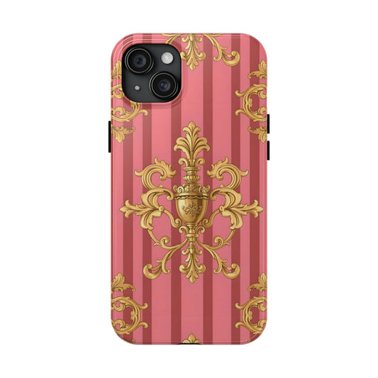 Elegant Baroque Tough Phone Cases, Durable Phone Cover, Stylish Accessory, Gift for Any Occasion - Pink Striped Gold Baroque