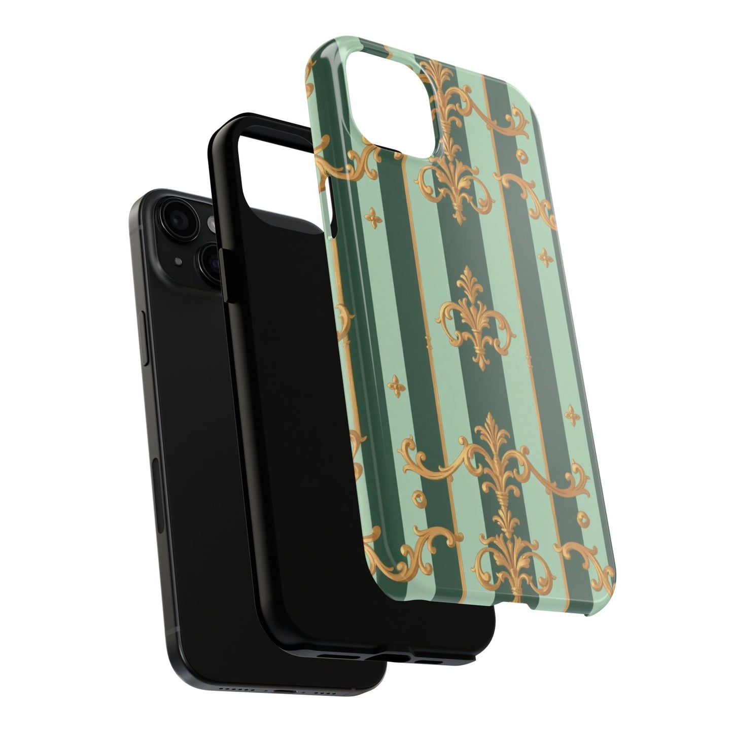 Elegant Floral Tough Phone Cases | Stylish Phone Protection, Gift for Her, Trendy Accessory, Unique Decor - Mint Green & Teal Striped Gold Baroque